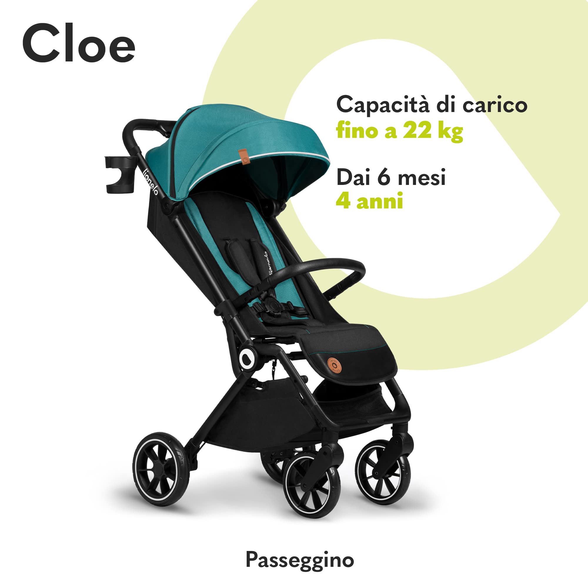 LIONELO Cloe Passeggino Leggero e Pieghevole per bambini da 6 a 48 Mesi | Passegino Compatto fino a 22 kg, Schienale Reclinabile, Posizione Distesa, Cinture a 5 Punti, Ruote XXL, Zanzariera
