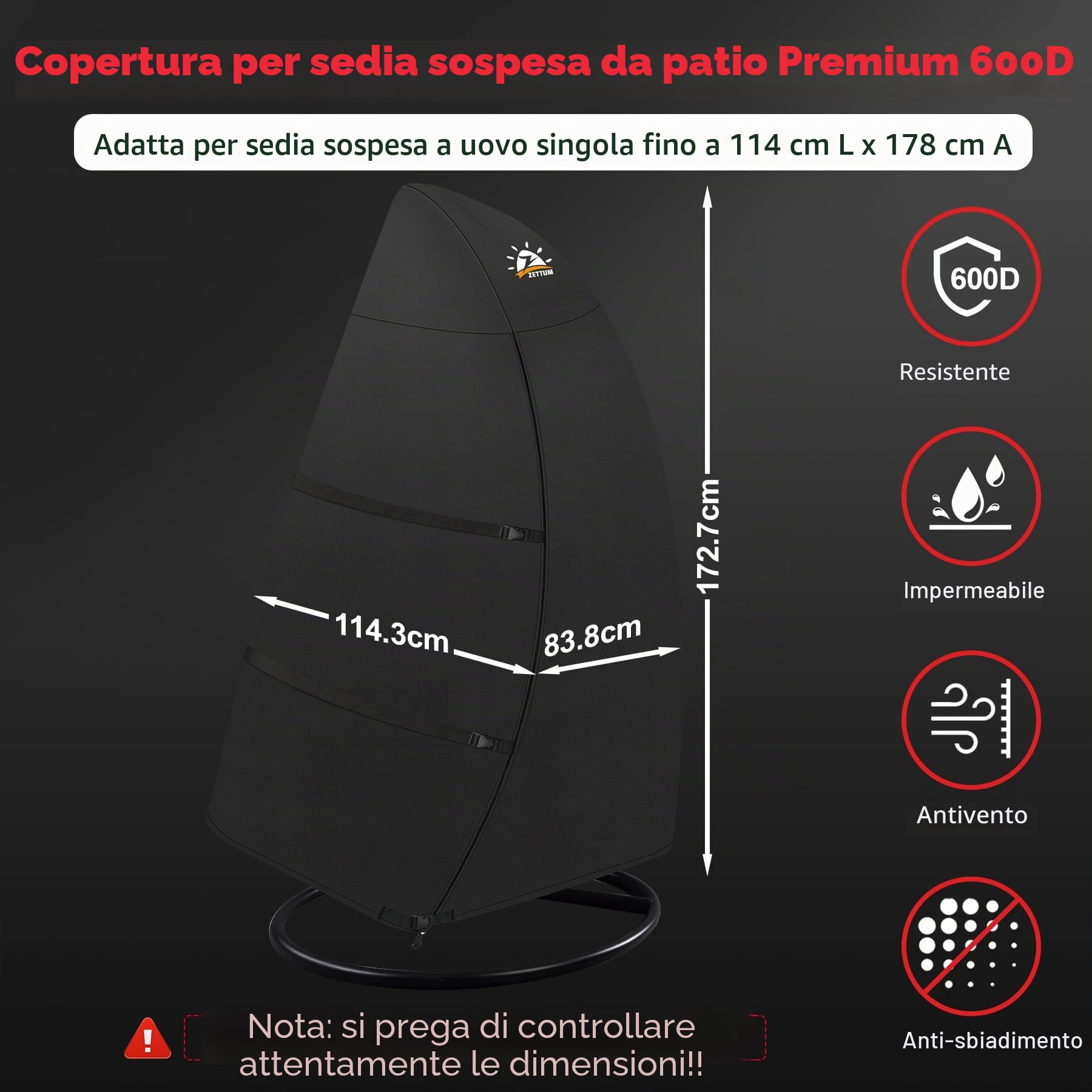 Zettum Copertura per sedia da giardino impermeabile, rivestimento poliuretano 600D, 173x115 cm, con cerniera, resistente