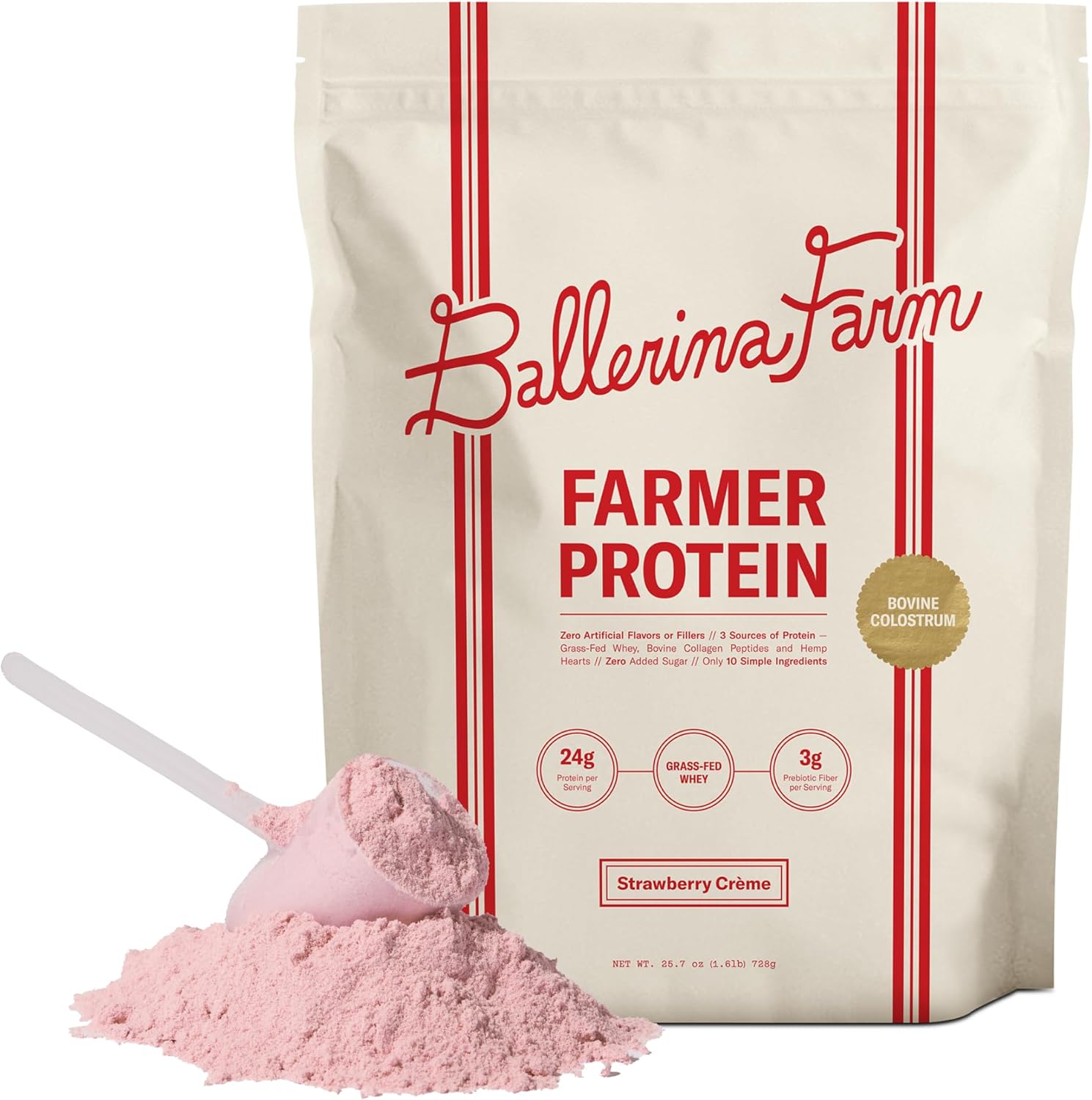 Ballerina Farm Grass Fed Whey Protein Powder Strawberry Crème, 24g Protein with Collagen Peptides, Bovine Colostrum, Hemp Hearts, Prebiotic Fiber, No Added Sugar or Artificial Ingredients, 20 Servings