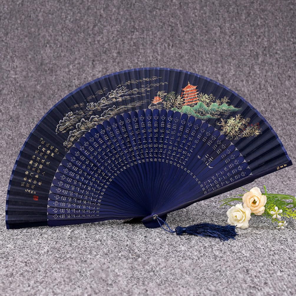 RWRAPS Abanico Plegable de Seda, Abanico de Baile Plegable, portátil, Vintage, para Mujer, Abanico Plegable, abanicos de Paisaje Chino, Abanico de Mano para Mujer de Verano, Tetera (H)