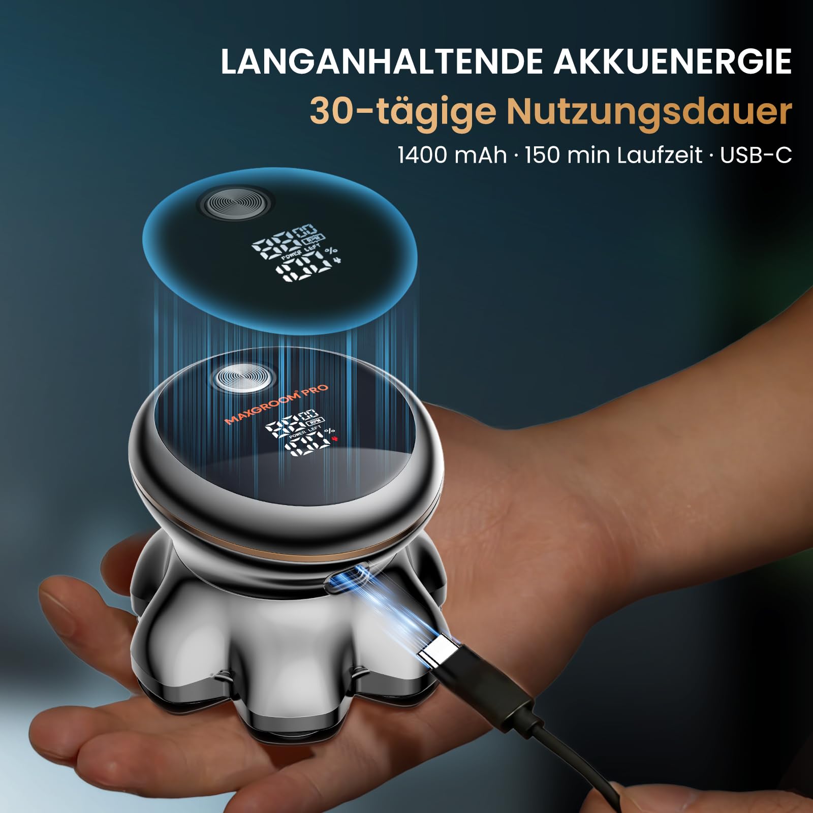 1400mAh Akku Kopf Rasierer Herren,8800RPM Silber Head Shaver Men,Typc 0 mm 7D wasserdichter Kopfhaarrasierer mit verbesserter flexibler Klinge, lange Akkulaufzeit, leicht zu reinigen