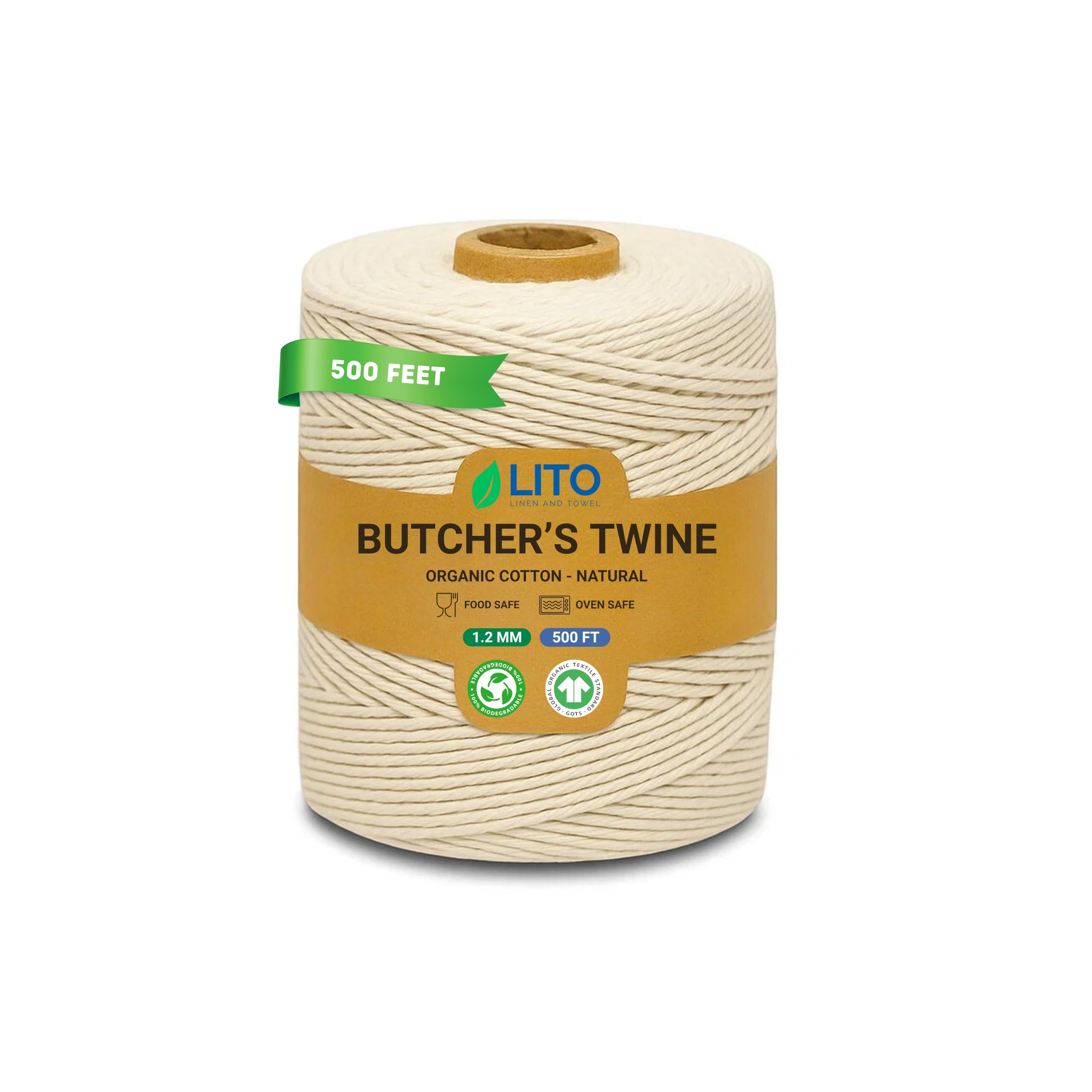 Organic Butcher’s Twine for Cooking & Trussing – 1.2mm Heavy-Duty Natural Cotton Kitchen Twine 500 Feet – Food-Safe, Oven-Safe String for Meat, Turkey, Baking, & Crafts