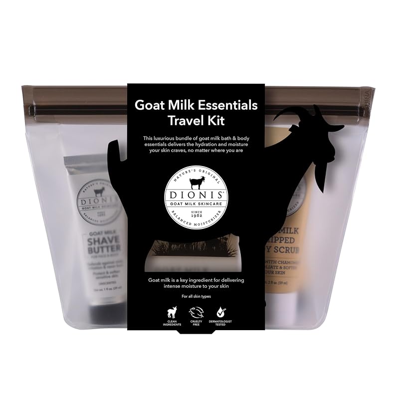 Dionis Kit de Viagem com Creme para as Mãos, Loção Corporal, Esfoliante Corporal Aerado, Manteiga para Barbear, Sabonete em Barra de 170 g e Estojo, 6 Peças