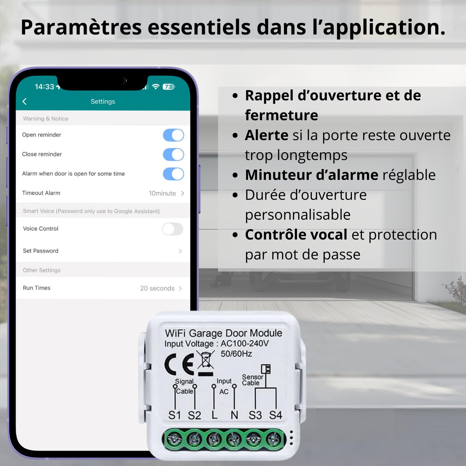 Sone Smart One Ouvre Porte de Garage Connecté WiFi 2.4GHz – Module WiFi Portail Électrique avec Capteur d’Ouverture 480cm – Tuya Smart Life, Alexa, Google Home, Home Assistant – 230V