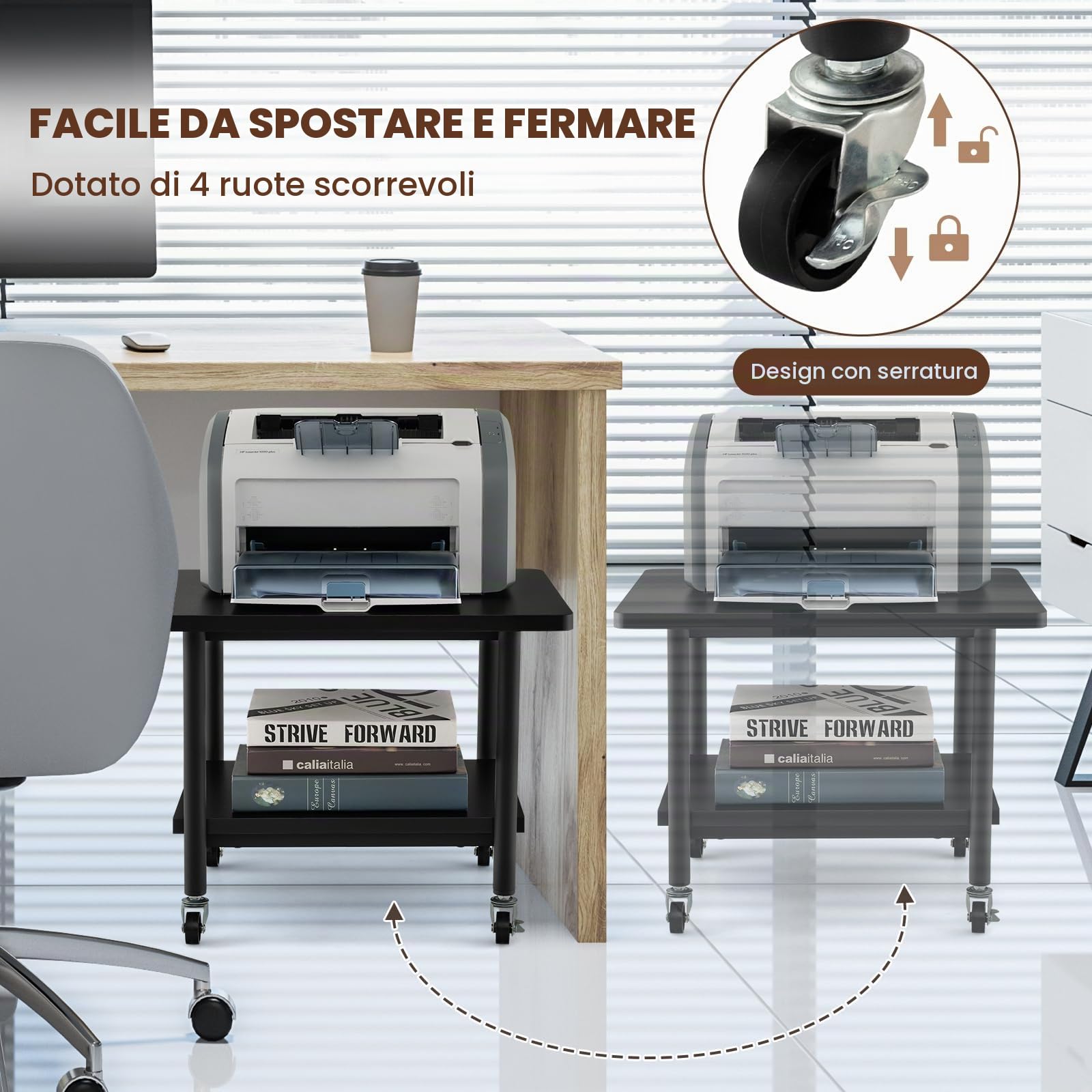 GIANTEX Carrello Stampante con 2 Ripiani, Mobile Ripiano per Stampante, Supporto per Stampant Girevole, Scaffale a 2 Livelli, Portaoggetti con Ruote, 3 Colori (Nero)