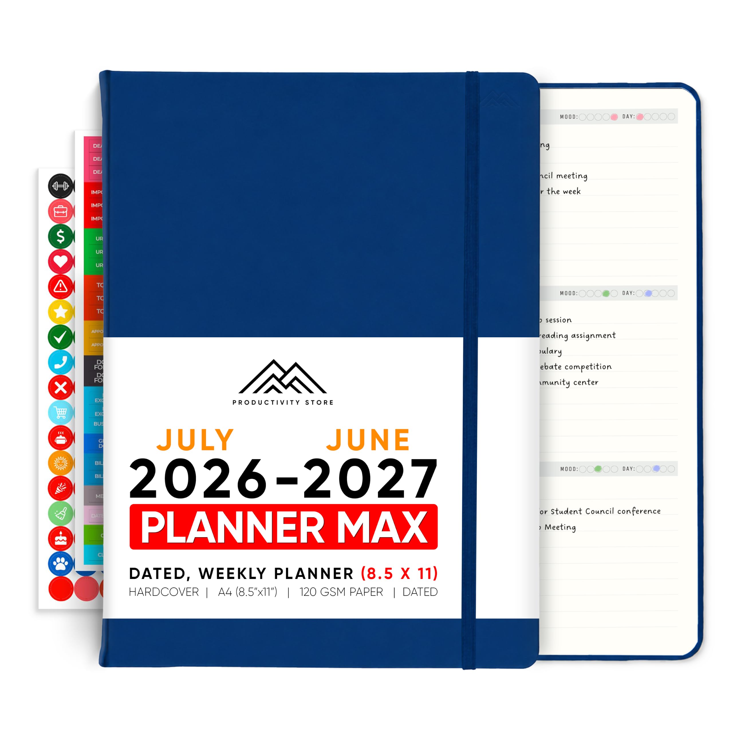 Lipiec 2024-2025 planer 8,5 x 11 Pro Max, terminarz produktywności i biznesowy, planer dzienny, planer tygodniowy i miesięczny, granatowy, A4, Productivity Store
