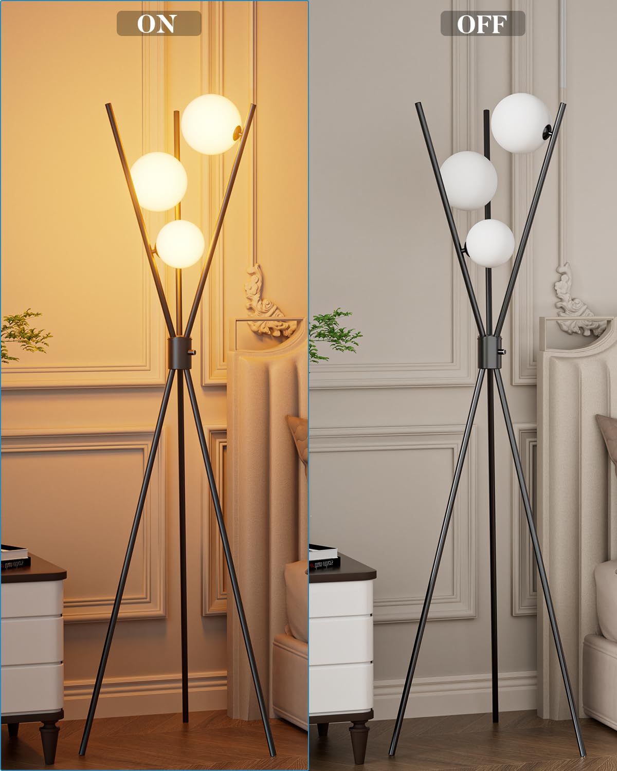 3 globusy ściemniana lampa podłogowa, lampy stojące z połowy wieku z 3 szt. żarówek 3000 K w zestawie, nowoczesna wysoka lampa do salonu, sypialni, biura, czarna