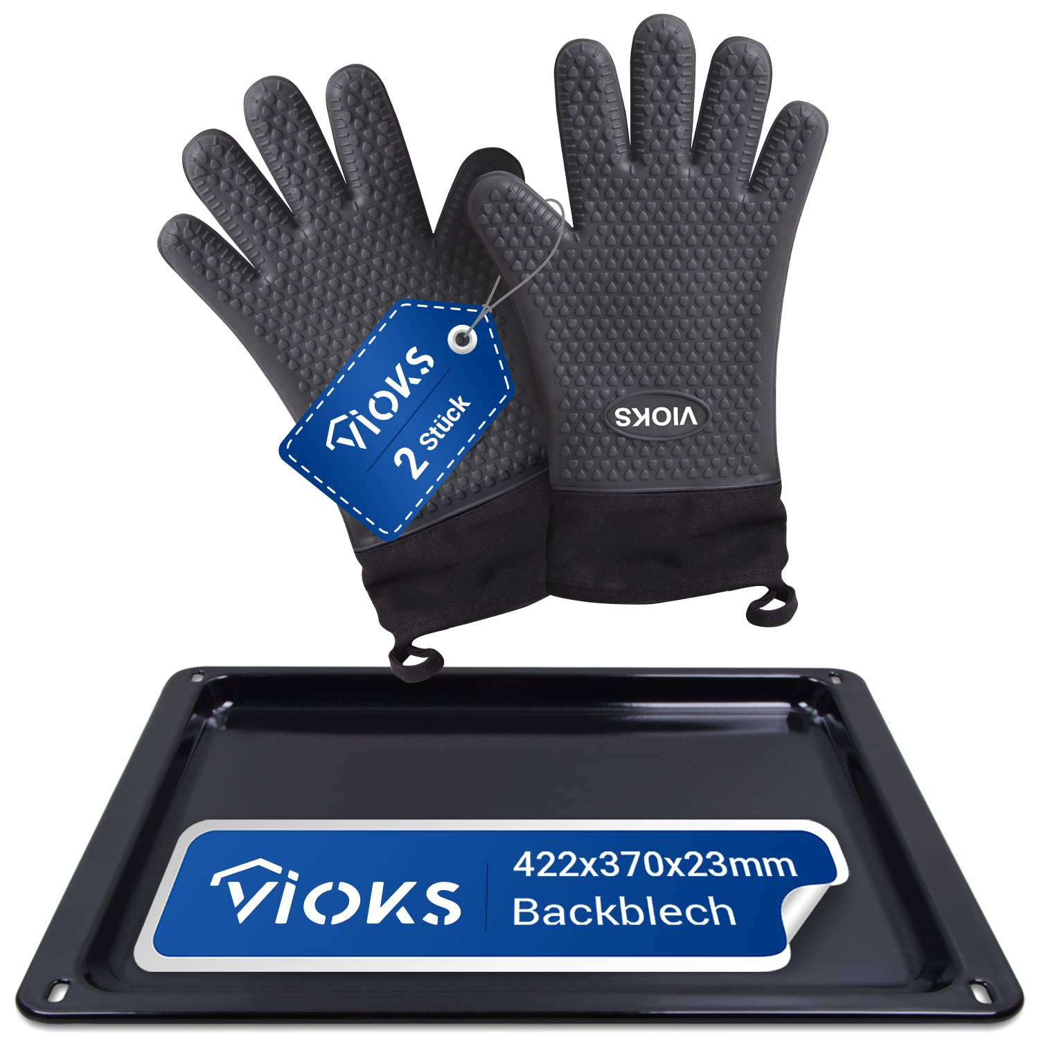 VIOKS Blacha do pieczenia 420 x 370 x 23 mm, emaliowana, zamiennik do Zanussi 3531939233 + 2 silikonowe rękawice kuchenne, odporne na wysokie temperatury i zestaw do piekarnika, akcesoria do pieczenia