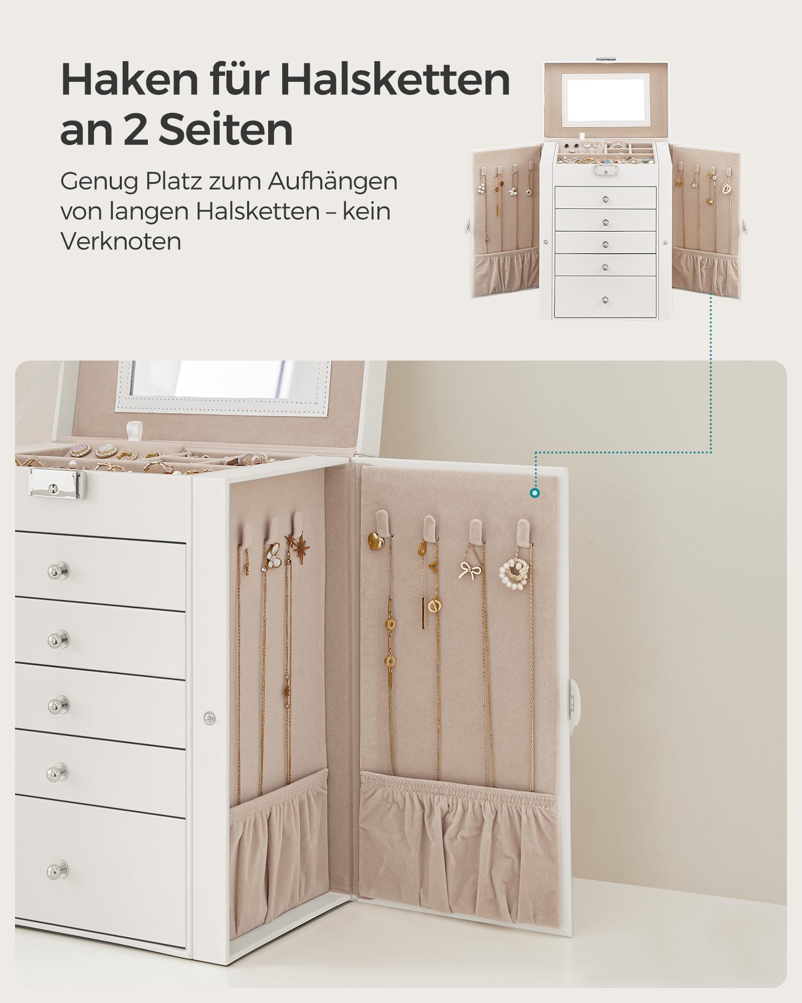 SONGMICS Schmuckkästchen 6 Ebenen, Schmuckkasten mit 5 Schubladen, viel Stauraum, innen mit Spiegel, abschließbar, Schmuckaufbewahrung, Geschenk für Ihre Liebsten, für Uhren, weiß JBC152W01