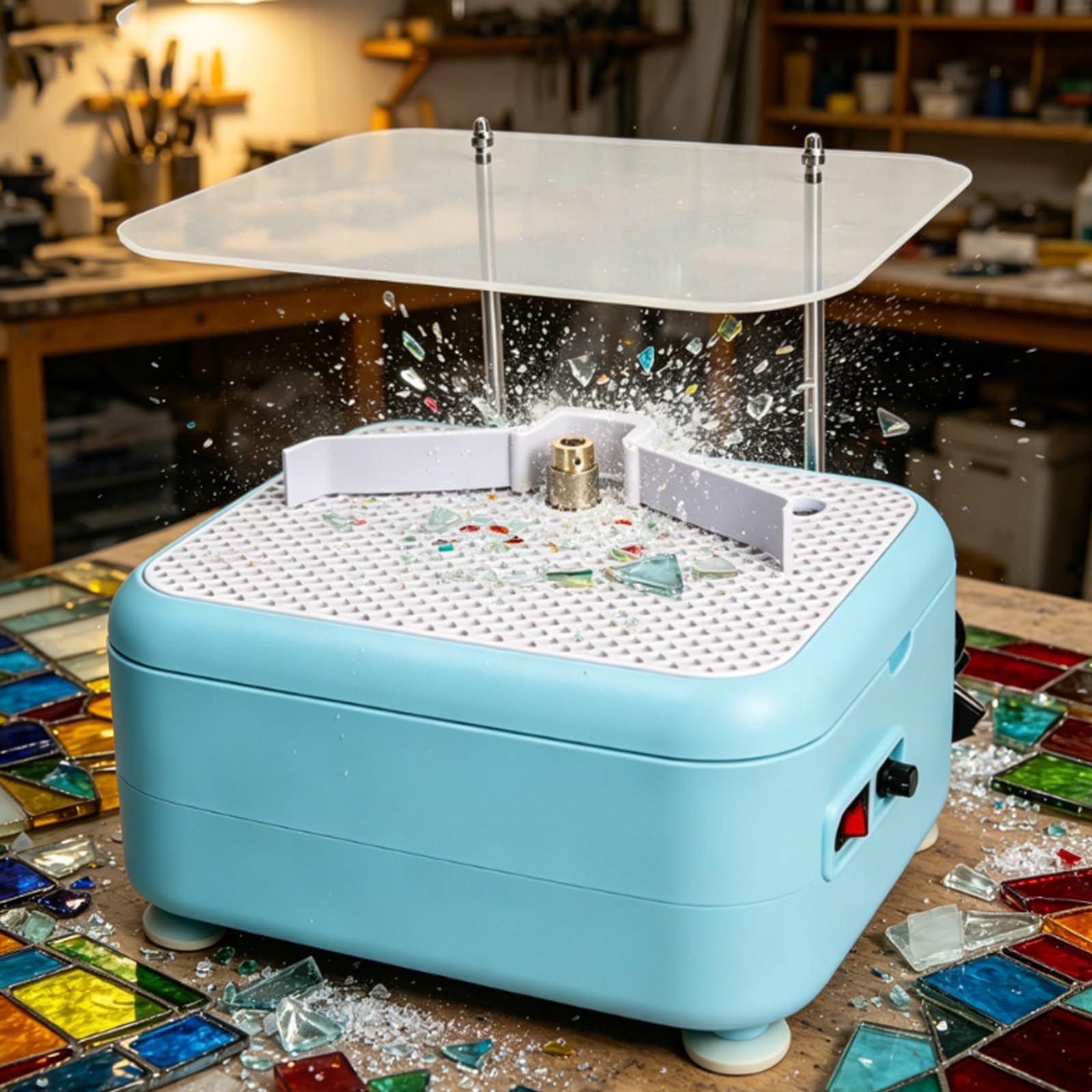 YXYLJOZ Mini Automatic Water Stained Glass Grinder,with Large 22 x 27 cm Panel and 4 Grinding Bits, for Stained Glass, Ceramics, and Other Materials