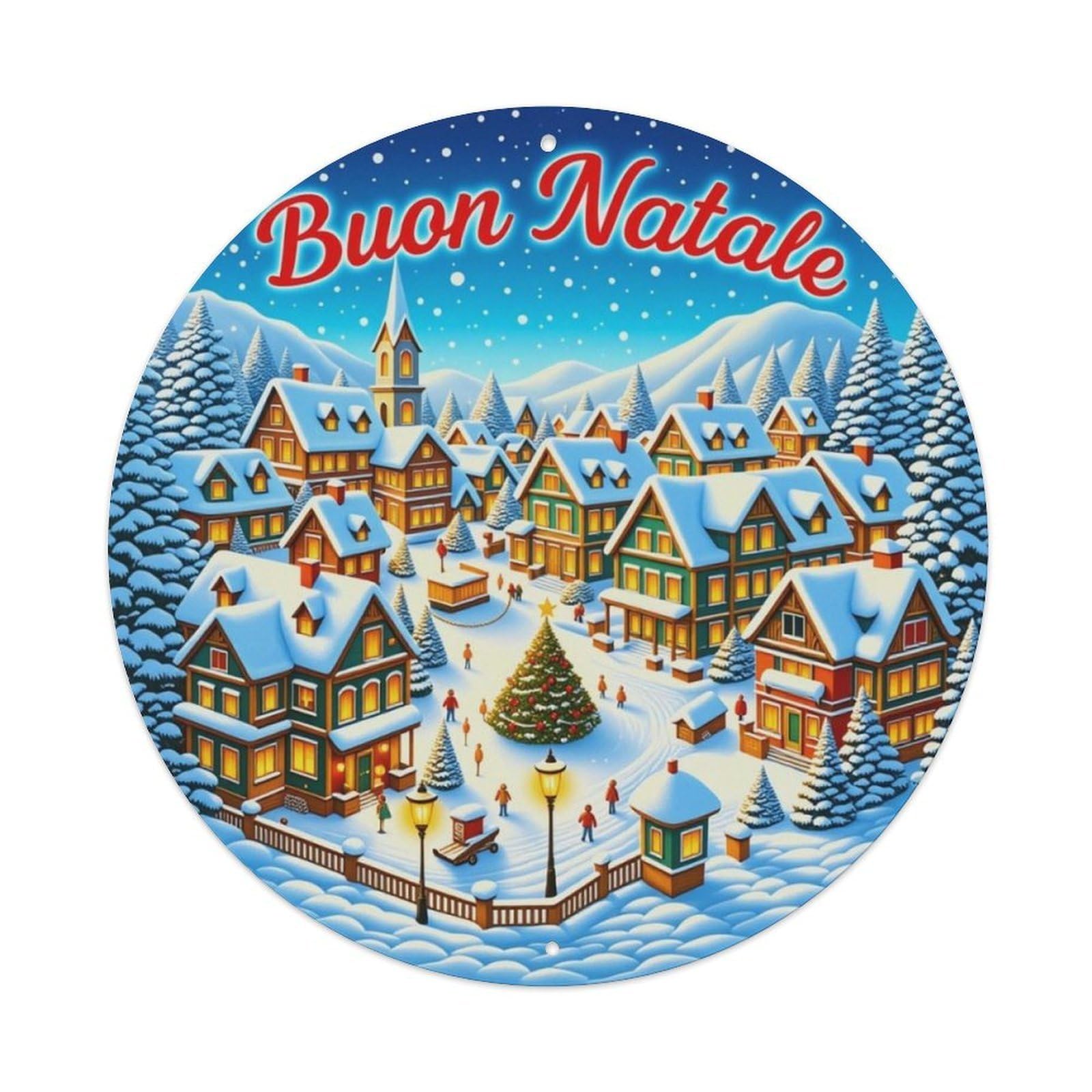 Winter Snow Christmas Town Italian Merry Christmas Round Sign Vintage Aluminium Metal Sign, Retro Wall Decor for Home, Bar, Garage & Farmhouse 20x20cm