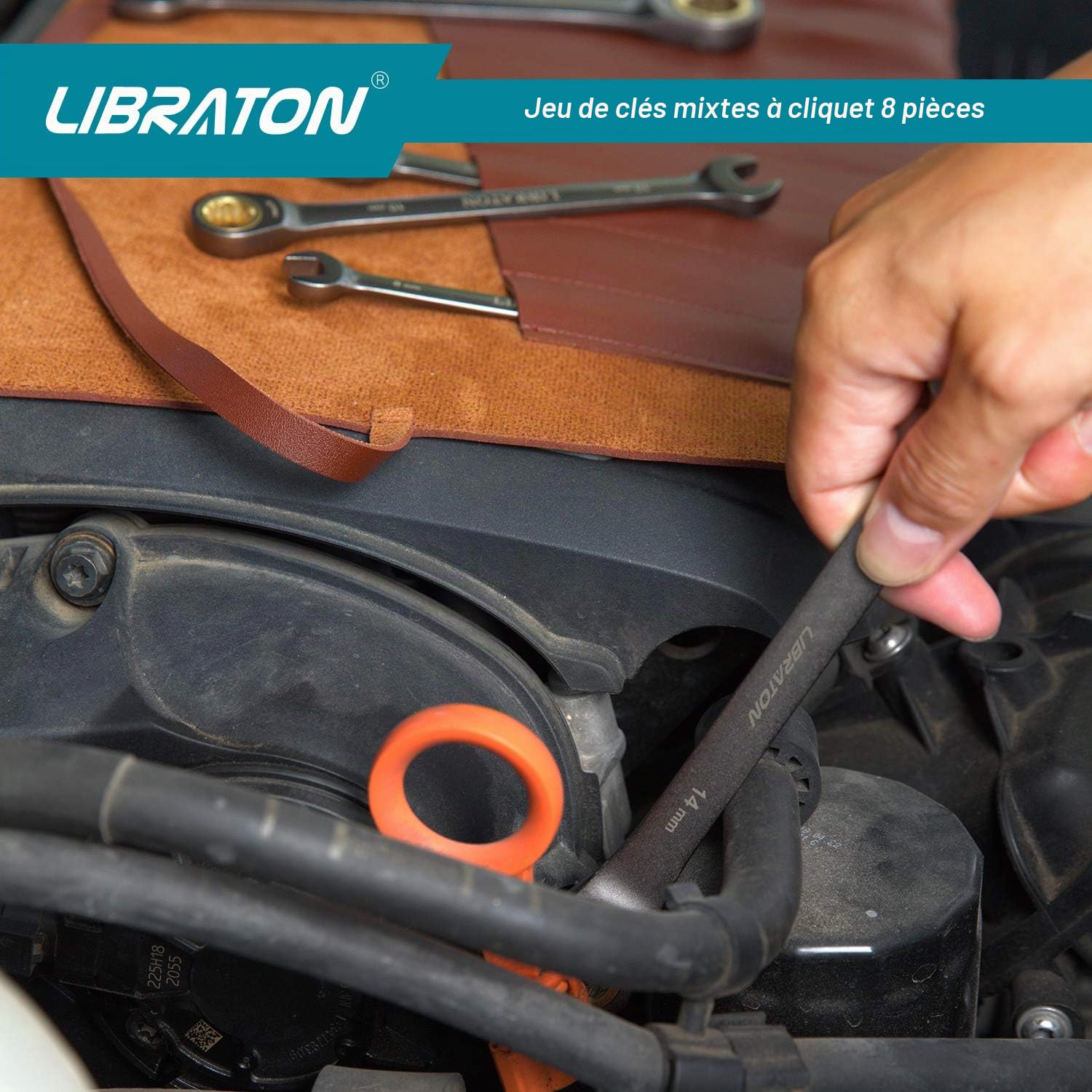 LIBRATON Lot de 8 clés à cliquet mixtes système métrique 8-19 mm | avec Cr-V construit avec placage de nickel et pochette de rangement en cuir