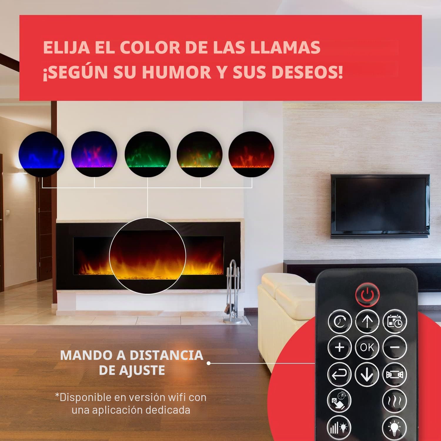 CHEMIN'ARTE Chimenea eléctrica de Pared con calefacción Volcano 3XL 150cm, Efecto de Llama Leds- Chimenea Decorativa bajo Consumo - Mando a Distancia