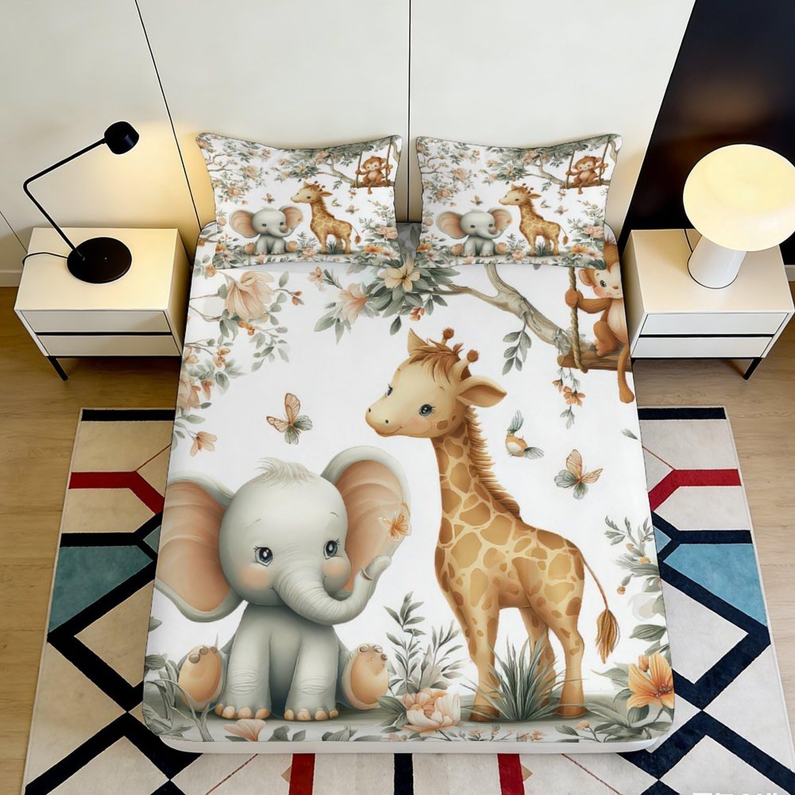 3D Printed Cute Jungle Animals Fitted Sheet Microfiber Soft Breathable Baby Elephant Giraffe Bed Cover for Bedroom Dormitory Guest Room Mattress Protection 120x200x25cm