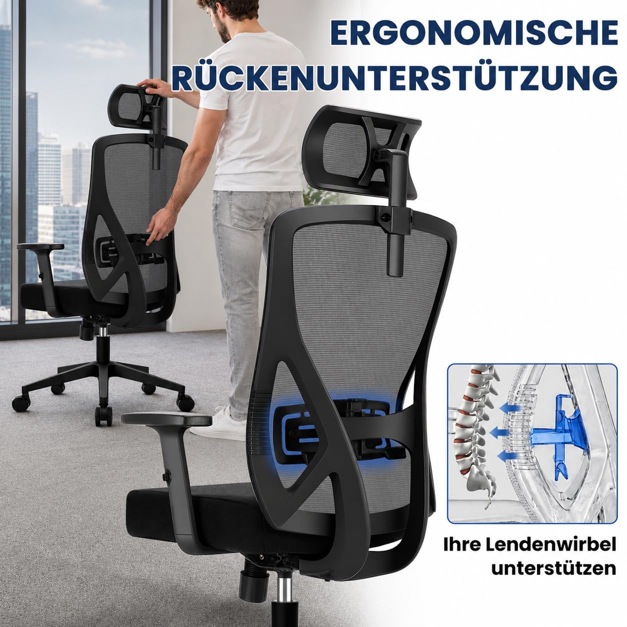 Bürostuhl ergonomisch, Schreibtischstuhl mit Kopfstütze, Lordosenstütze und höhenverstellbaren Armlehnen, Drehstuhl mit 90°-130° Wippfunktion, Netzstuhl bis 150 kg für Homeoffice