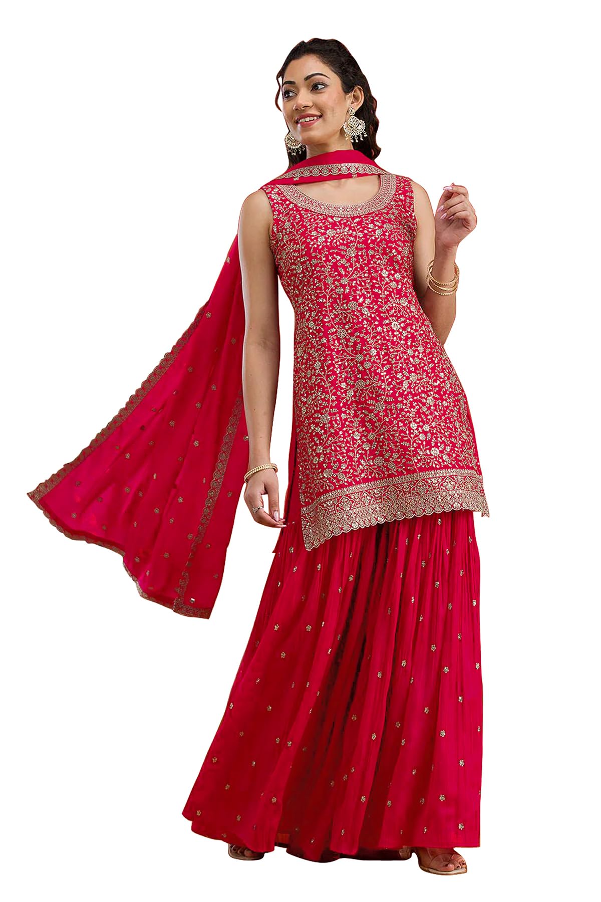 shafnufab WOMEN'S Georgette Premium Unstitched Pakistani Suit – Elegant Fabric for Custom Tailoring(SF311199 Pink Free-Size)-picture-16