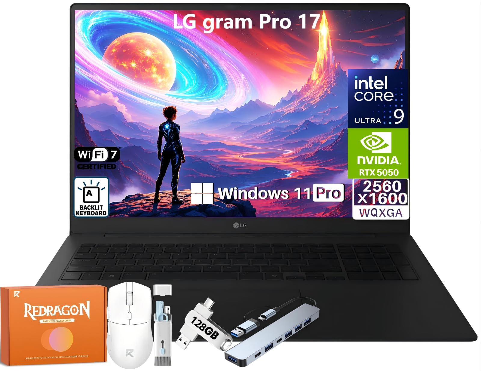 gram Pro 17 AI Laptop, 17" WQXGA (2560x1600) IPS Display, Intel 16-Core Ultra 9 285H up to 5.4 GHz, 32 GB LPDDR5X RAM, 2 TB SSD, GeForce RTX 5050, Backlit Keyboard, Wi-Fi 7, BT 5.4, Windows 11 Pro