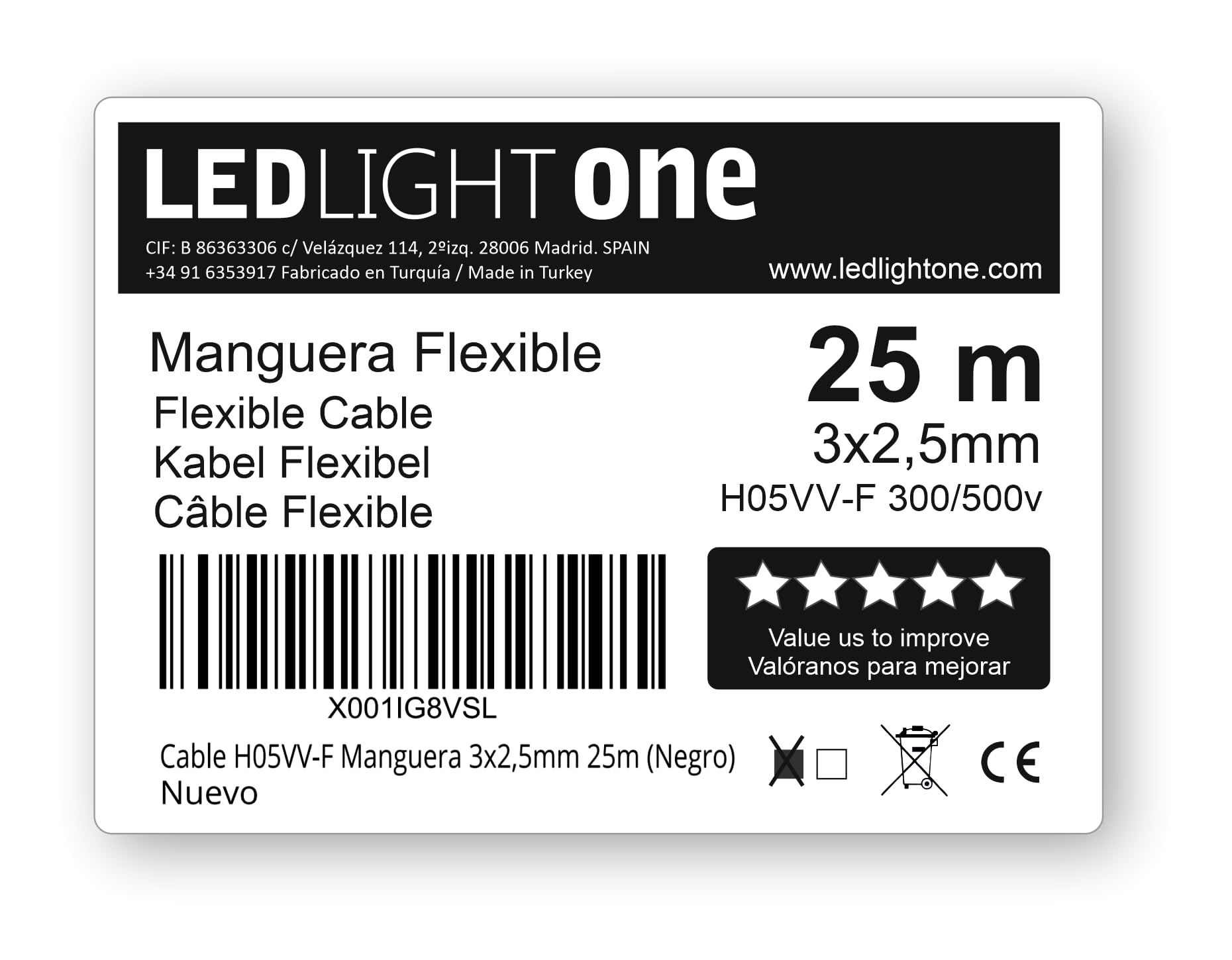 Cable Eléctrico H05VV-F Manguera 3x2,5mm 25m Negro Tensión de Servicio 500v Temperatura Máxima de Trabajo 70º Conductor de Cobre Electrolítico Clase 5 con Cubierta de PVC