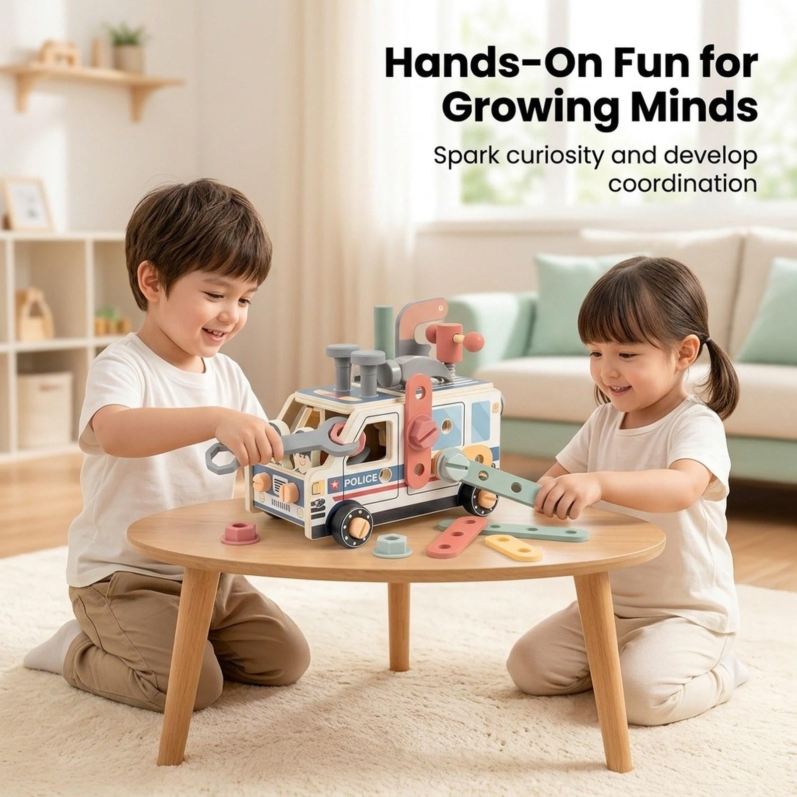 Werkzeugset für Kinder, Konstruktionsspielzeug, Geschenkset, Rollenspiel LKW, Lernwerkzeugset Aus Holz für Kinder, Polizeiwagen