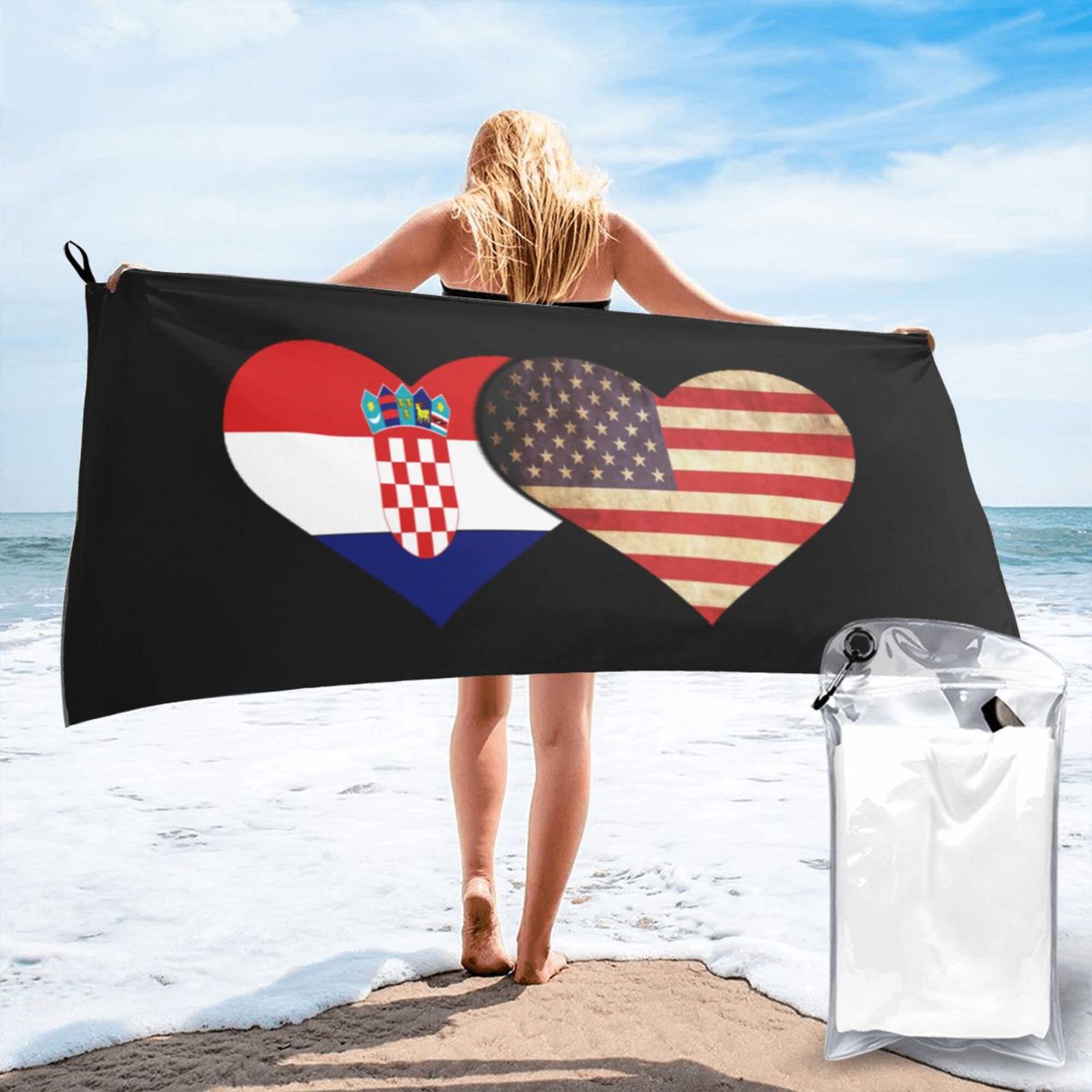 Lsjuee Croatian Flag and American Flag Microfiber Beach Towel-Quick Dry Oversized Towels Blanket for Travel Pool Camping