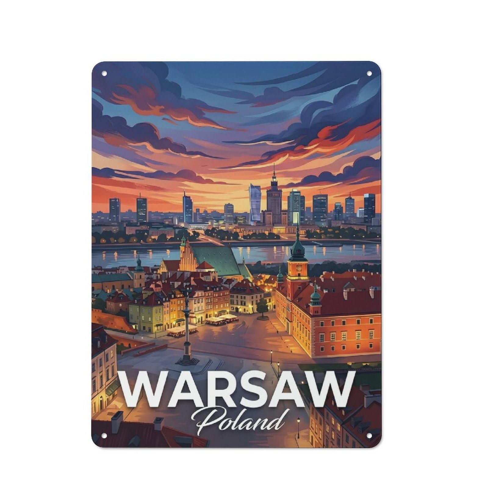 Retro Warsaw, Poland Cityscape at Sunset Vintage Metal Sign 40x30cm, Room Wall Plaque for Flat, Dorm Room, Lounge Or Cafe