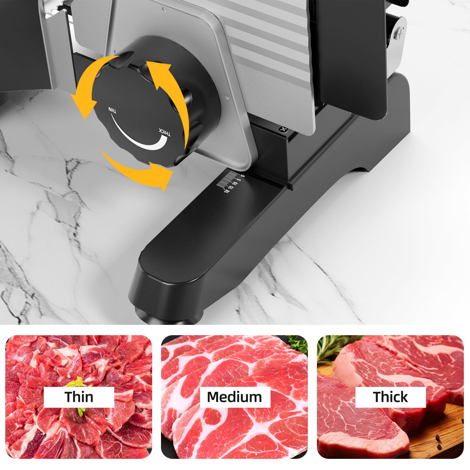 Cortadora de Carne Eléctrica 200W, Cortafiambres con 2 Cuchillas Inox 19cm, Grosor 0-18mm, Máquina Cortar Jamón, Pan, Cecina, 220V