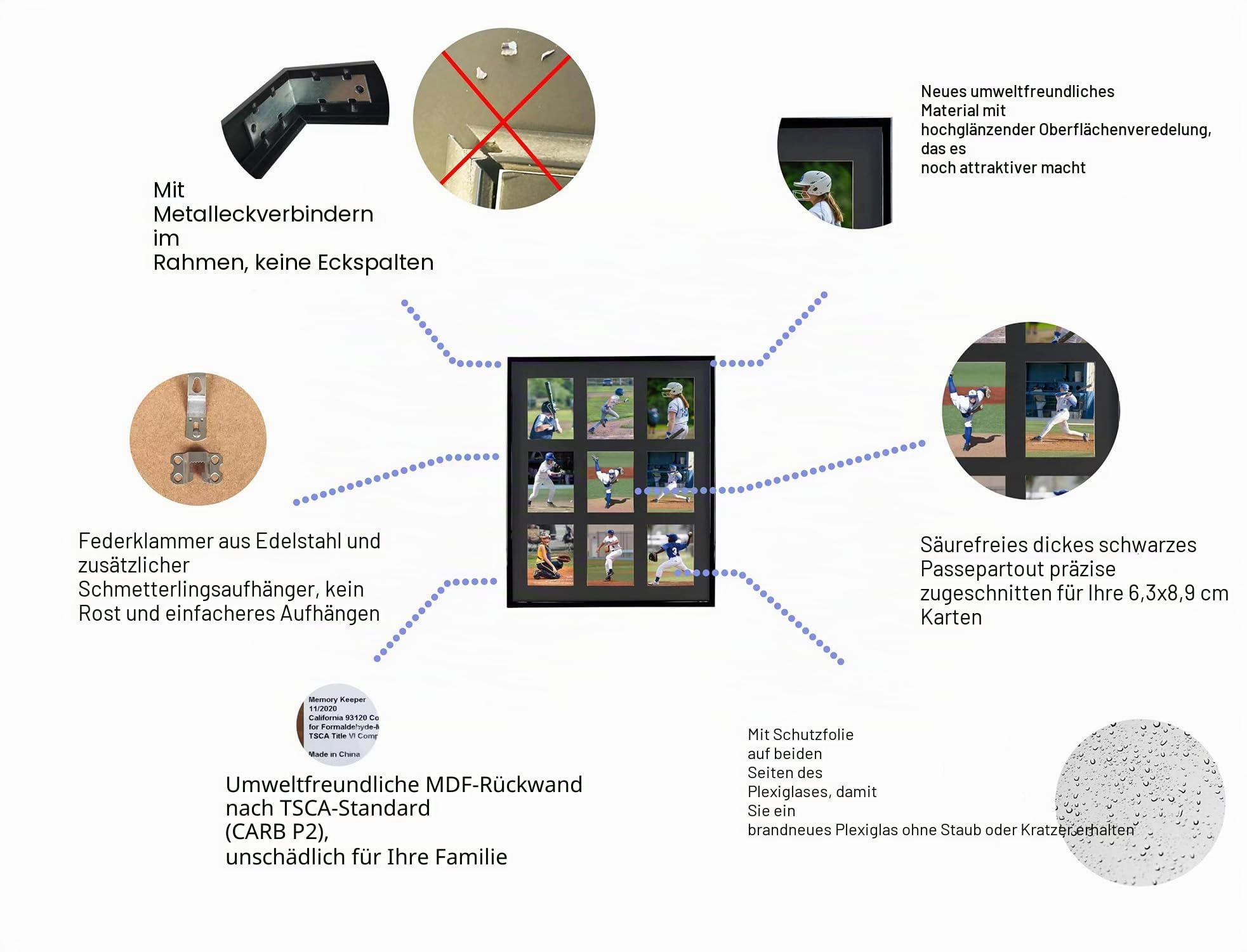 Sammelkarten-Display-Rahmen für 9 Standardkarten, 2 Stück, UV-Schutz, Schwarze säurefreie Matte, Sportkartensammler Wanddisplay, Halter für Baseball, Basketball, Fußball, Hockey, Standardkarten