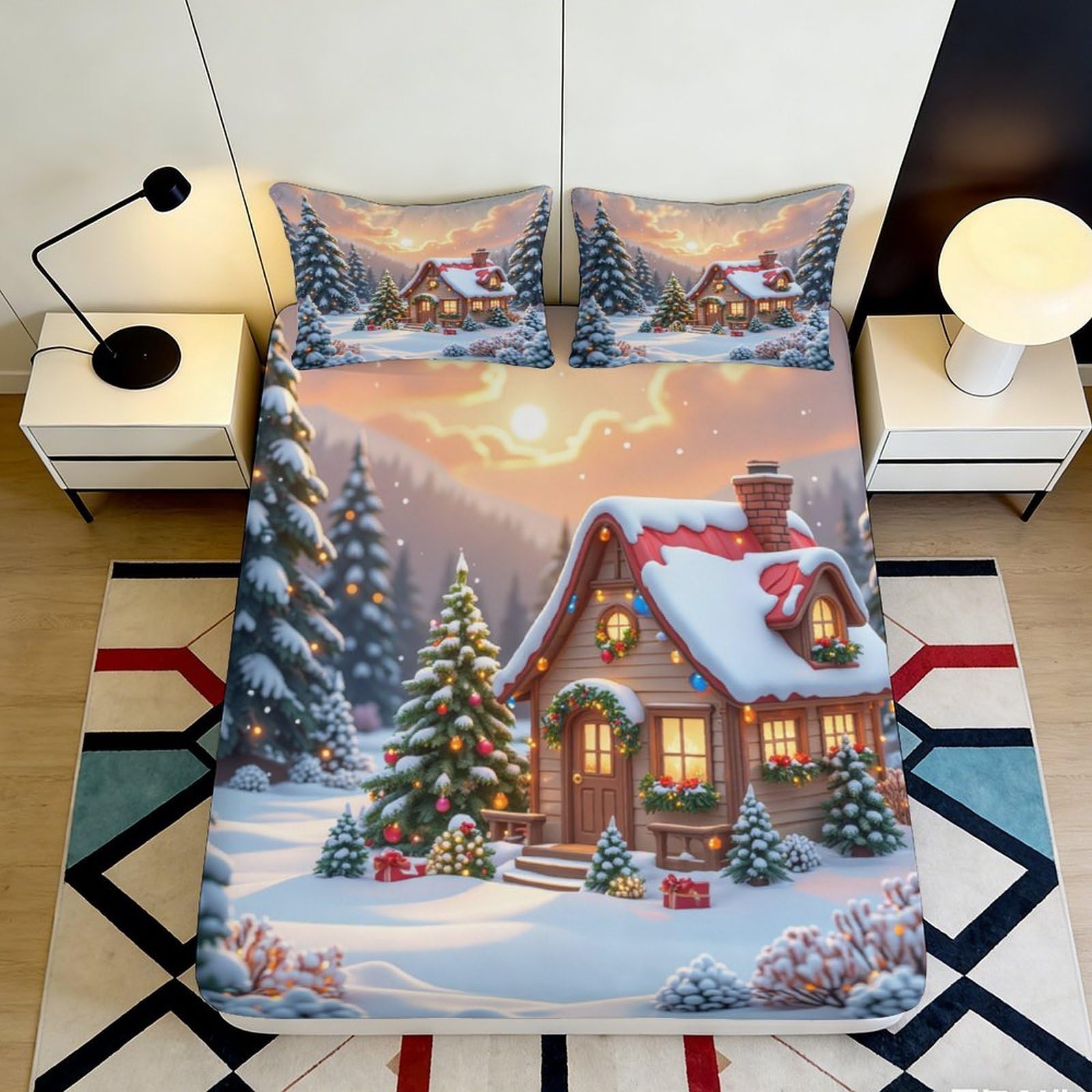 3D Printed Snowy Cottage Fitted Sheet Microfiber Winter Scene Mattress Cover Anti-Slip Easy Care Bedroom Xmas Decor 140x200x25cm