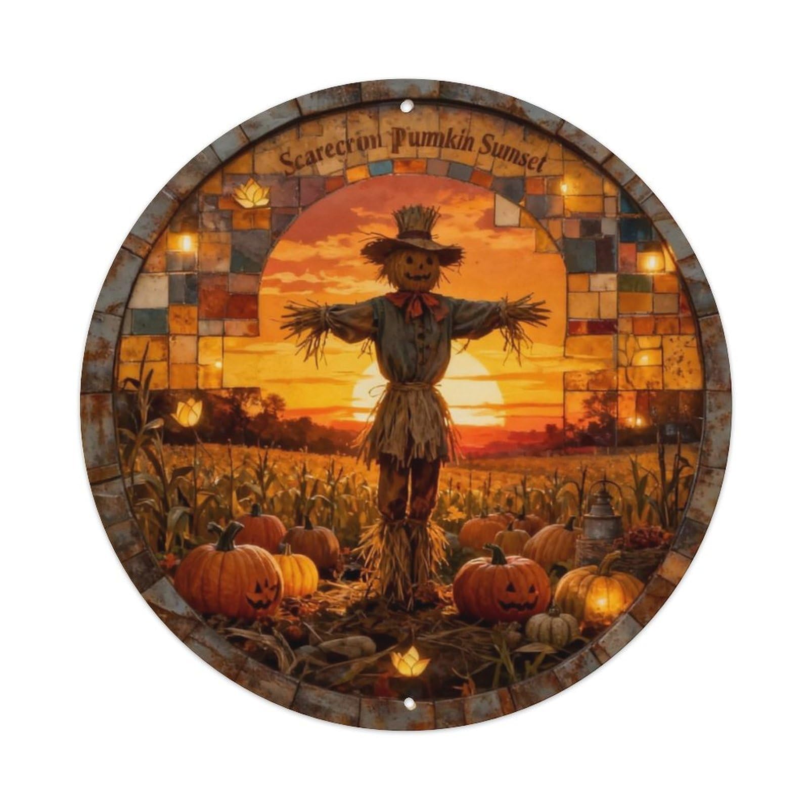 Scarecrow Pumpkin Patch Sunset Metal Tin Sign Plaque