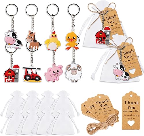 Whaline 73 piezas de recuerdos de fiesta de baby shower, incluyen llaveros de animales de granja, etiquetas de papel kraft de agradecimiento con