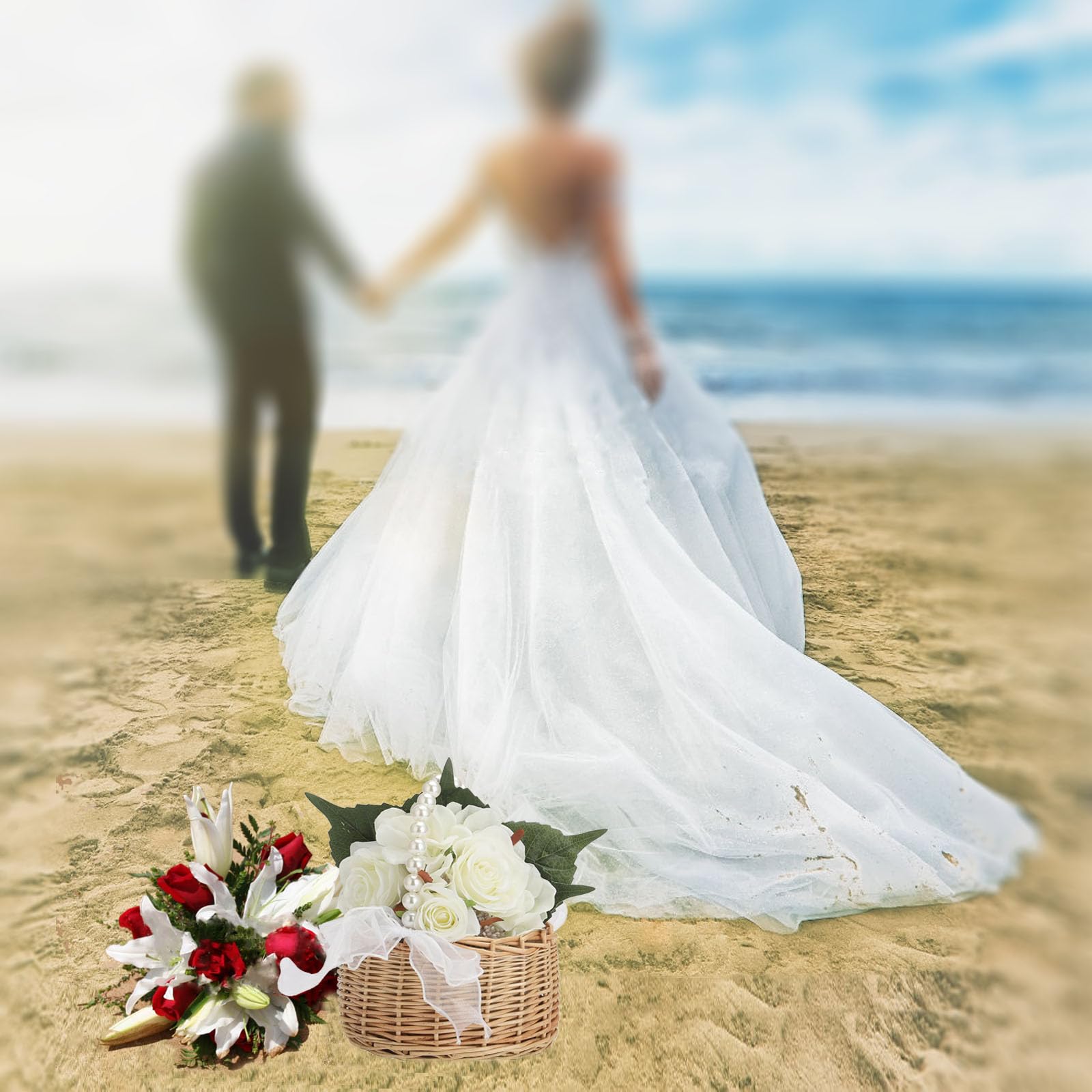 Weidenkorb aus Rattan mit Perlengriff, niedlicher Weidenkorb, Osterkorb, Schleife, Blumenkörbe für Hochzeit, Heimdekoration (16,5 x 19,8 cm)