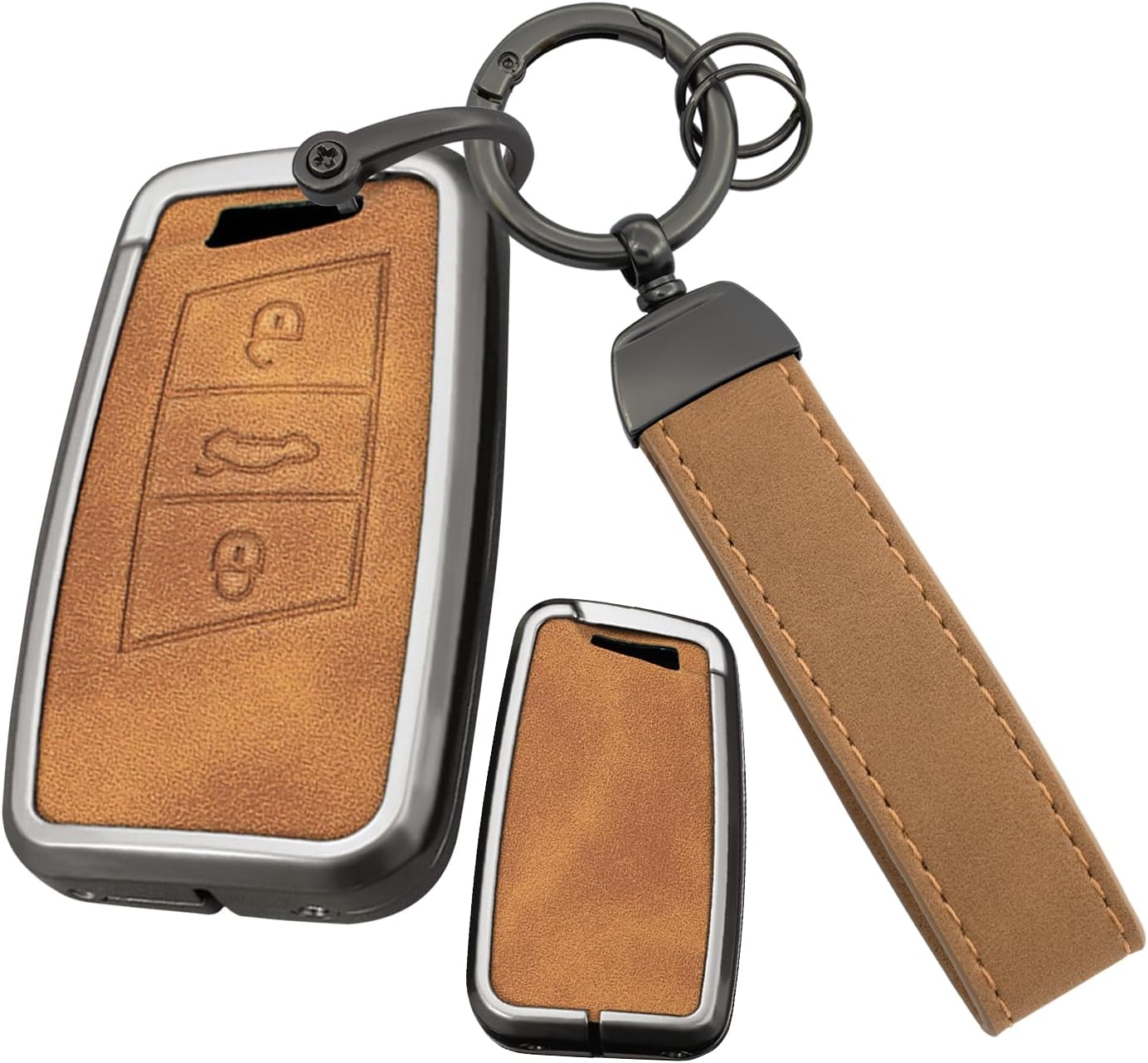 ontto Fit for Volkswagen Arteon 2018-up Key Fob Cover Metal Key Protector, Leather Car Key Case Fit for VW Atlas, Skoda Kodiaq Superb A7, Brown