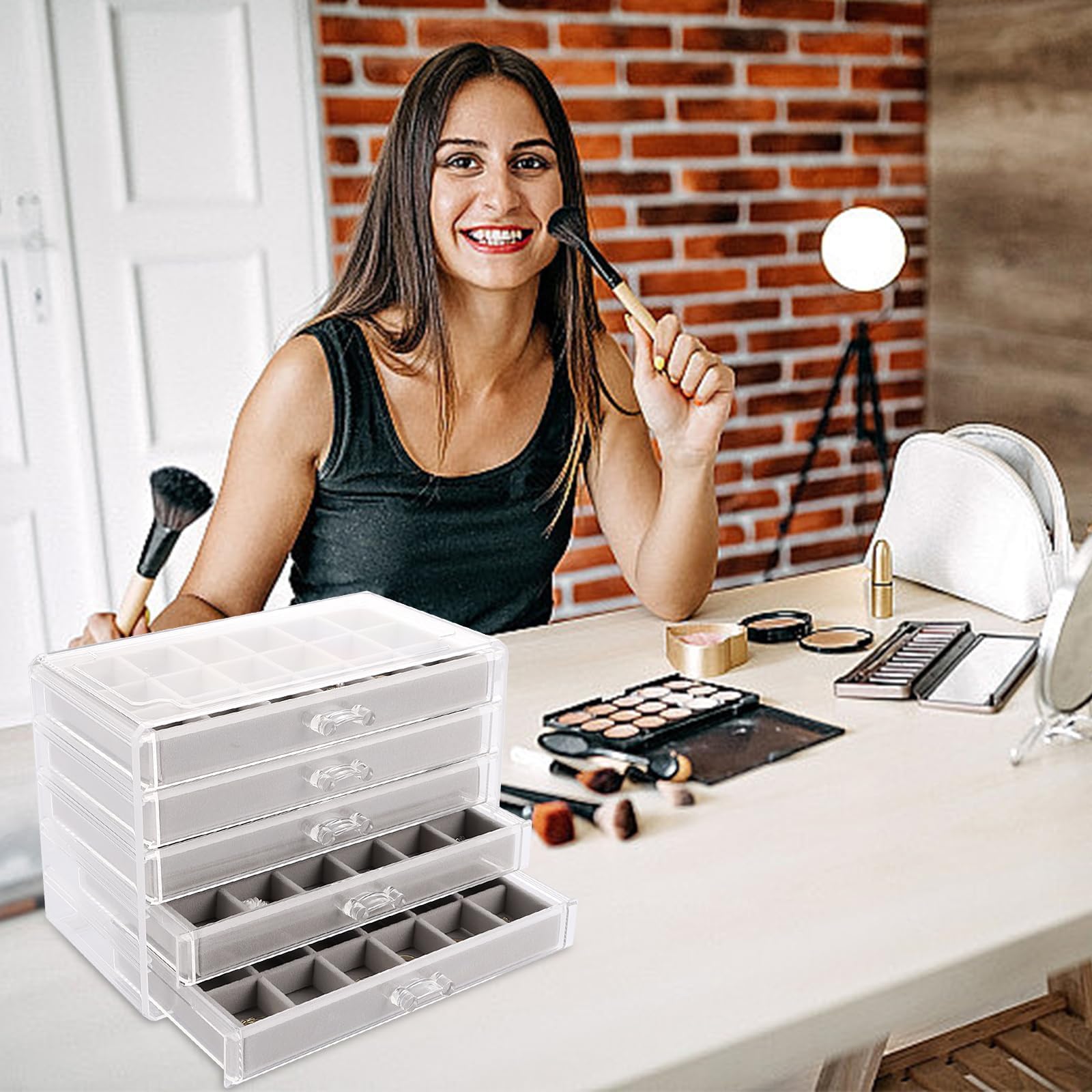 YAYODS Organisateur de Bijoux en Acrylique à 5 Tiroirs - Boîte à Bijoux Transparente avec Doublure en Velours Beige - Rangement Modulable pour Boucles d'Oreilles, Bagues et Colliers sur la Coiffeuse