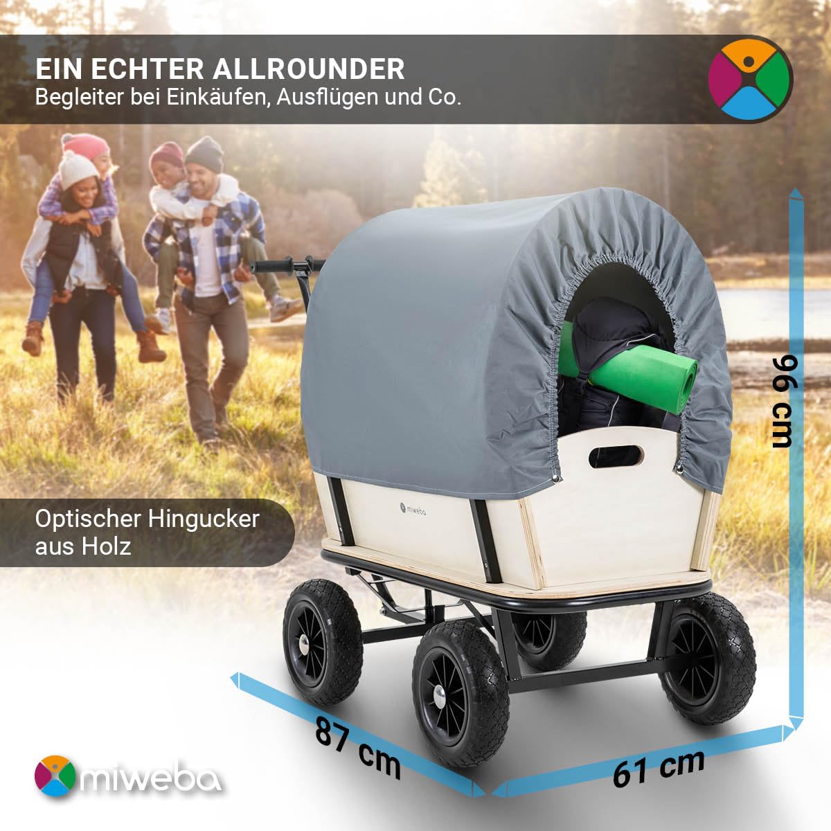 Miweba Bollerwagen Canvas mit Dach | 180 Kg Traglast - Kinderwagen - Transportwagen - Handwagen - Wagen Holz - Standwagen - Regenschutz - Plane abnehmbar - Gartenkarre - Holzwagen - Gerätewagen (Grau)
