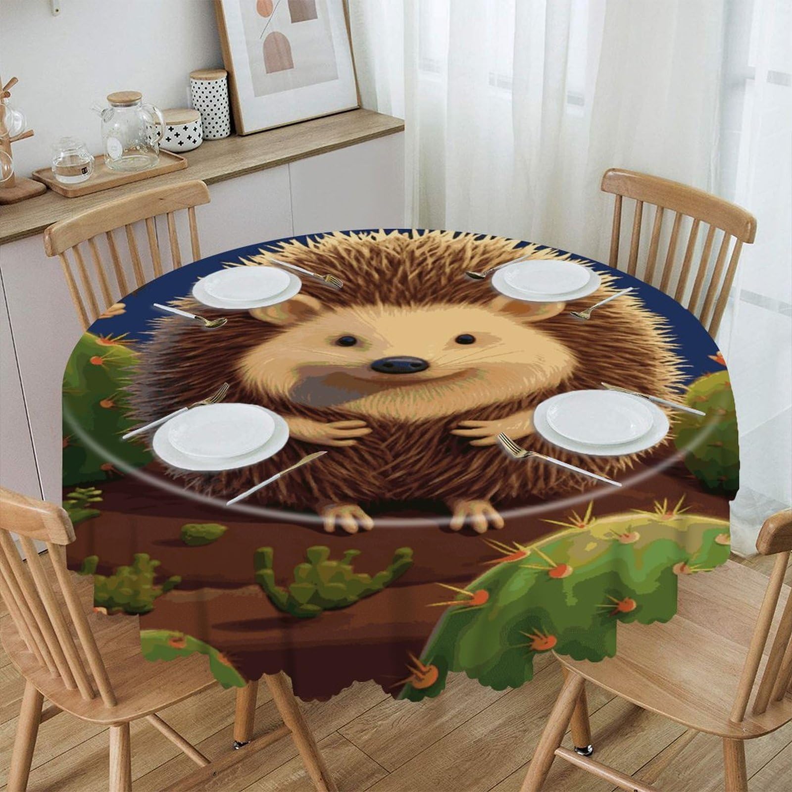 Btcowzrv Style Hedgehog Cactus Polyester Round Tablecloth 59.84 Inch, Decorative Washable Table Cover, Table Cloth For Restaurant Picnic Indoor And Outdoor Dining