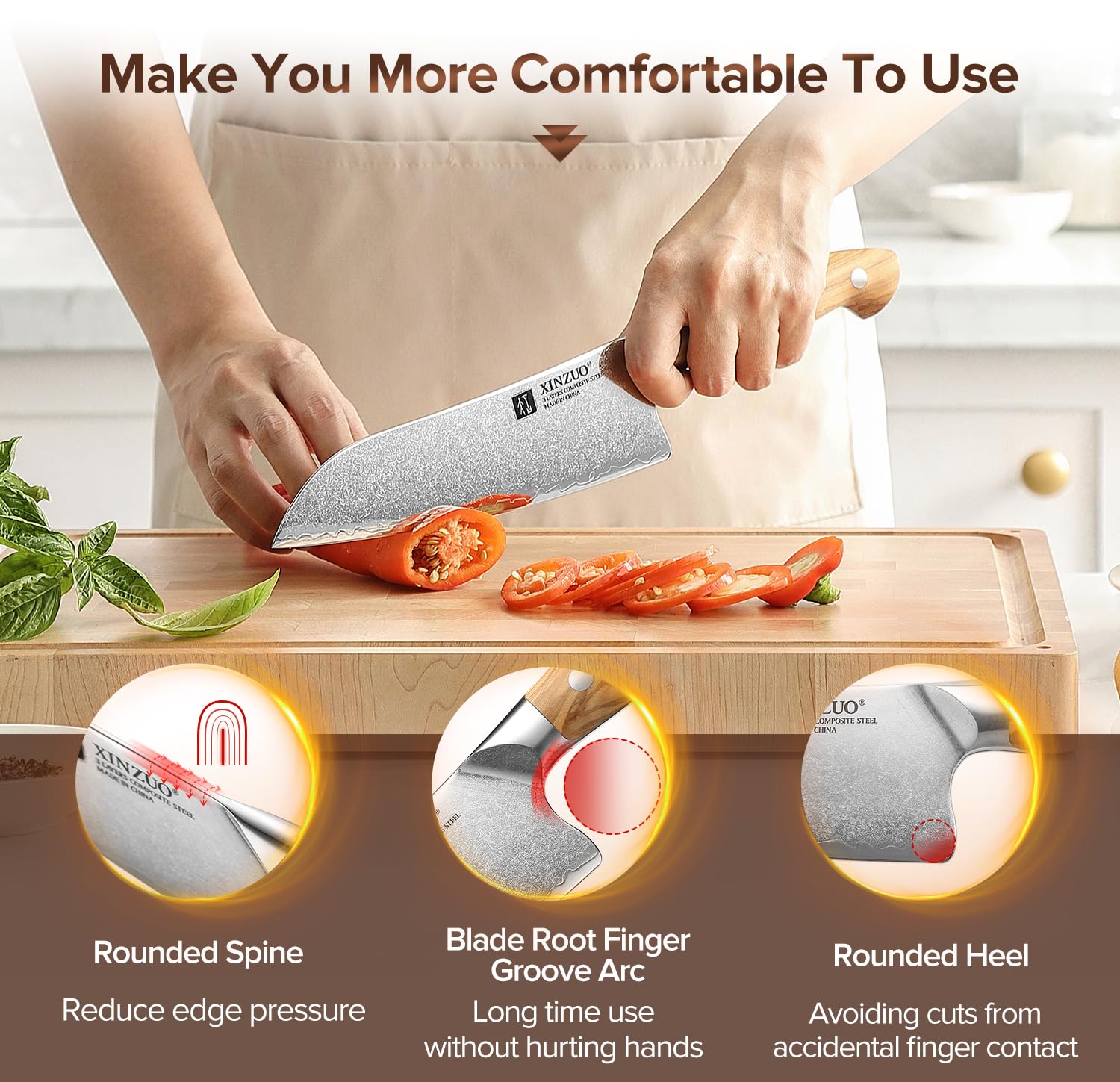 XINZUO 18,5cm Cuchillo Santoku Profesional Acero Compuesto Cuchillo de Cocinero de Cocina Acero Inoxidable de Alto Carbono -para Carne, Verduras, Pescado y Fruta -Mango Ergonómico de Madera de Olivo