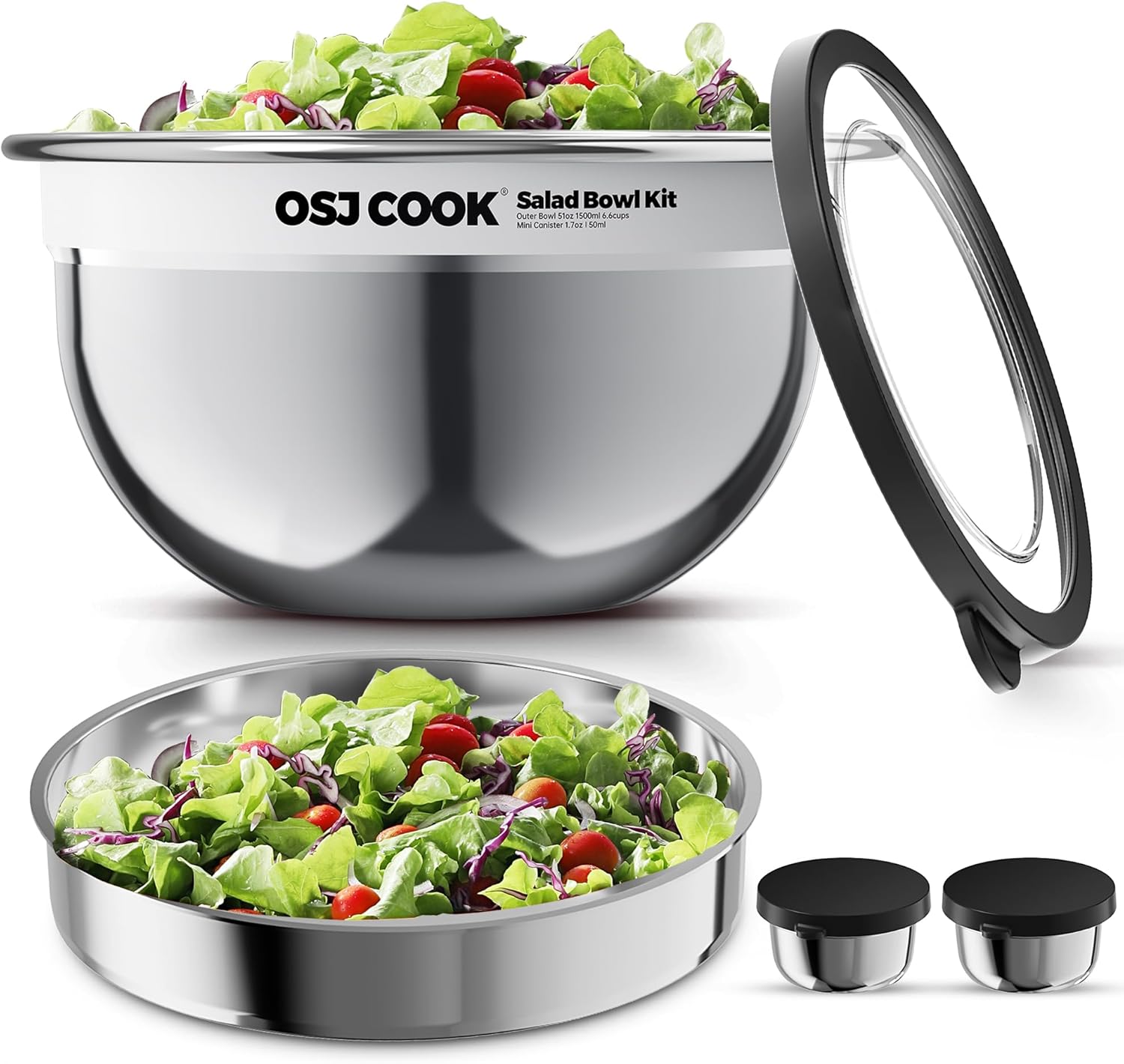 18/8 Stainless Steel Salad Bowl Kit - 74oz, Mixing Bowls with Lids Set, Teakwood - Comes with 1.7oz Condiment Container and Removable Tray for Organization - Leak-Proof, Dishwasher Safe (Mirror)