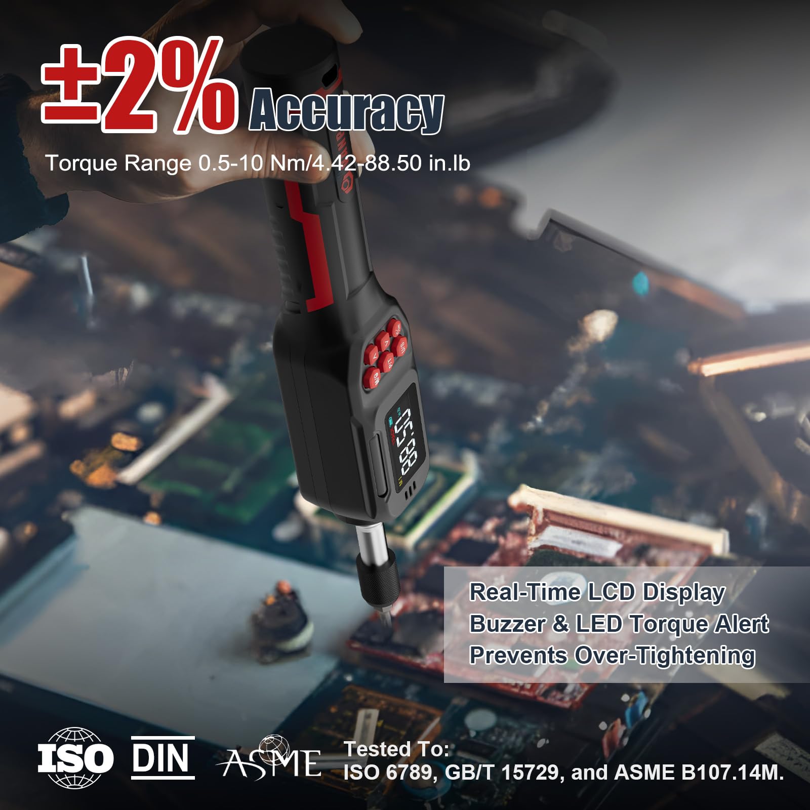 VANPO Destornillador de par digital 0,5 – 10 Nm, juego de destornilladores dinamométricos de 1/4 pulgadas con pantalla LCD y zumbador, 31 puntas y extensión de 100 mm, 4 unidades para bicicleta