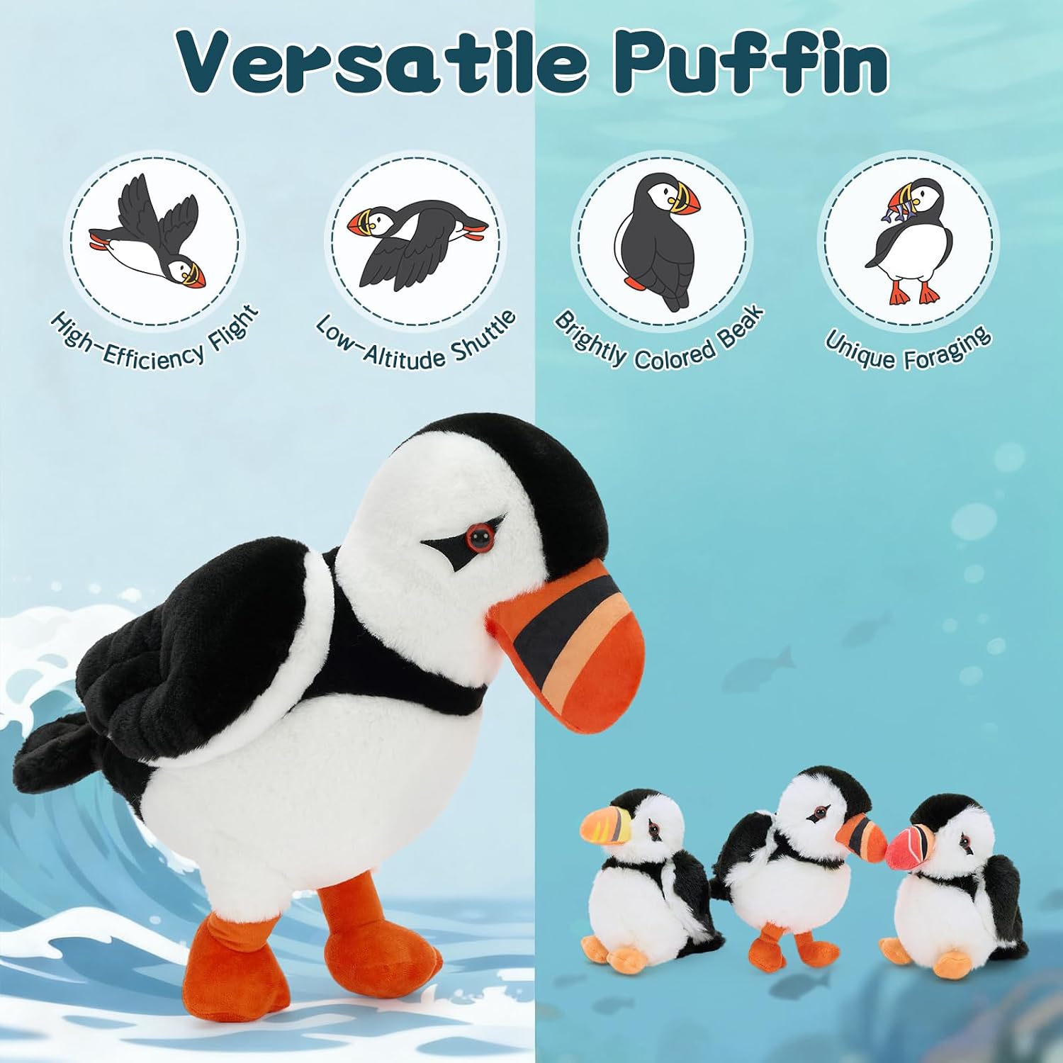 BENINY 13.7" Puffin Plush Toy with Back Zipper, Includes 3 Adorable Baby Puffin Stuffed Inside - Soft & Safe Stuffed Animal for Kids, Perfect for Bedtime Companion, Gift, or Room Decor