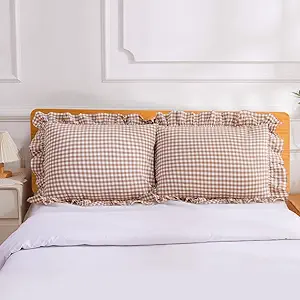 Taupe and White Plaid Ruffle Pillowcases Farmhouse Standard Size Pillow Shams,Classic Checkered Gingham Pillow Cover Washed Cotton Pillow Cases Set of 2, 20"x26",Taupe/White Plaid