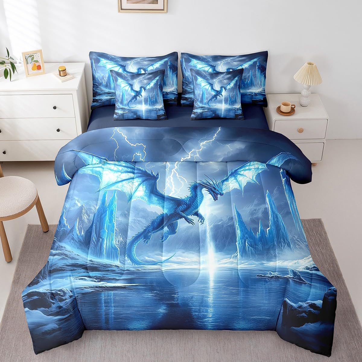 Couette dragon avec parure de lit 7 pièces drap housse et taies 3D