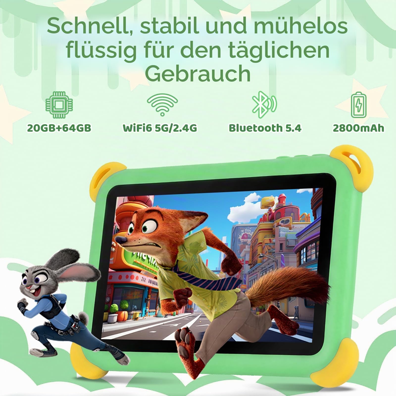 Kinder Tablet 7 Zoll Android 15, 20GB RAM 64GB ROM (1TB Erweiterbar), Penta-Core, WiFi 6, BT5.4, Widevine L1, KI Kamera&Lernfunktionen, Elternkontrolle, Kids Tablet mit Eva Hülle & OTG, Grün