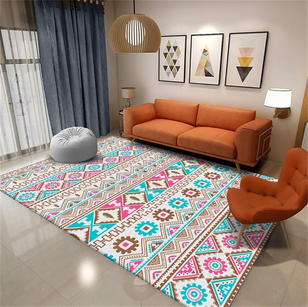 Tapis antidérapant lavable 120x120 cm à motif géométrique bleu