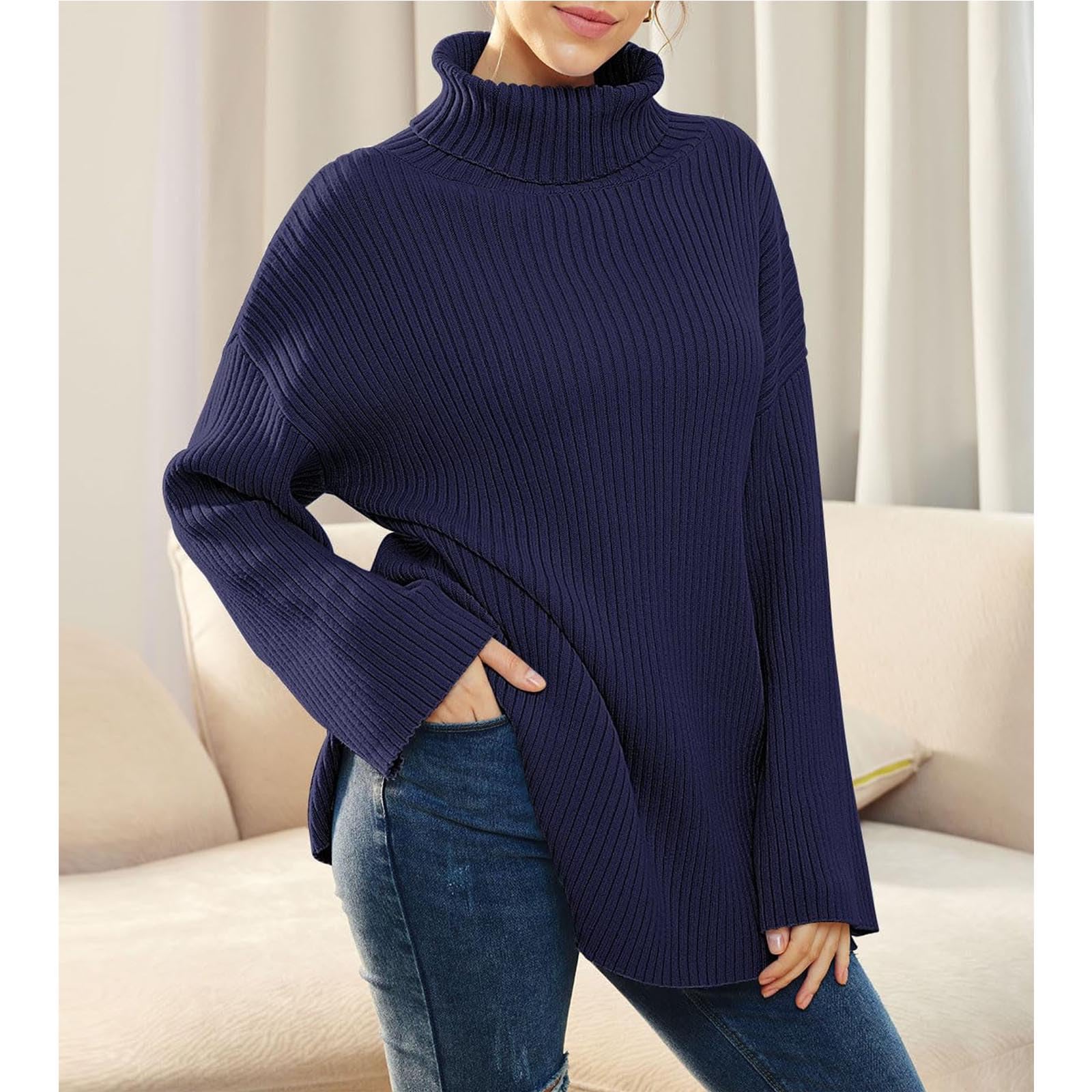 Greabuy Maglione a collo alto oversize alla moda da donna maglione a costine felpa per donna maglione casual camicie da donna maglioni da donna felpe leggere in maglia, Nero , XXL