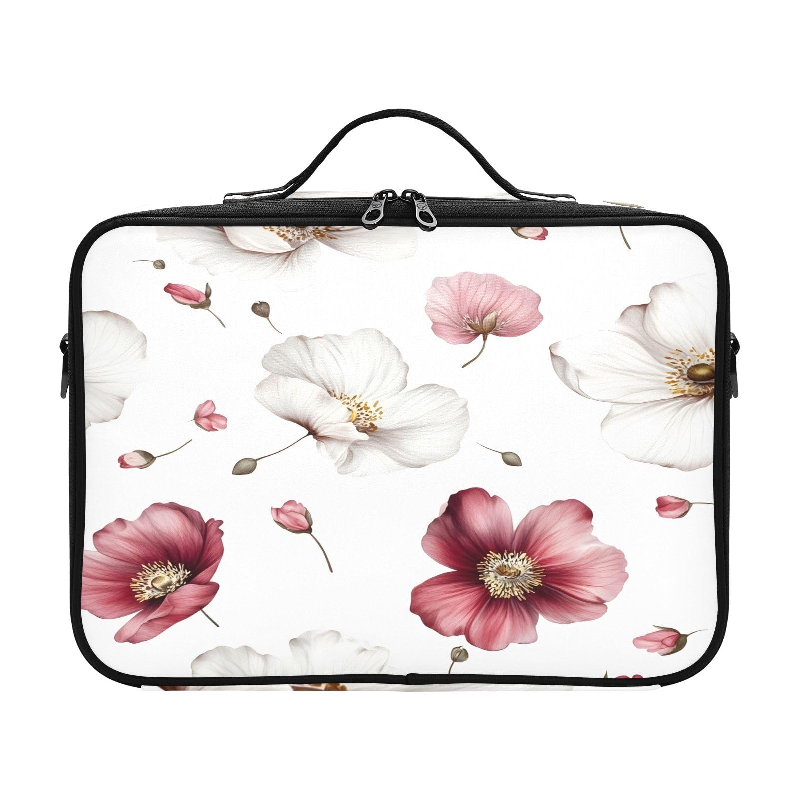 zyrtty Travel Makeup Train Case White Red Flower Pattern Cosmetic Organizer Portable Storage Bag with Adjustable Dividers for Cosmetics Brushes Toiletry Jewelry Digital Accessories