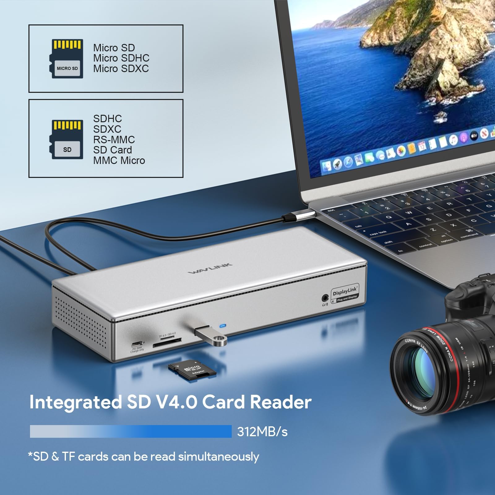 WAVLINK Dock USB C Quad Display 5K 4K@60Hz, Station d'accueil USB A pour MacBook Neo/Thunderbolt 3/4, Windows/Mac M1/2,4 HDMI,4 DP,2.5G RJ45,Alimentation AC180W,Transfert de données 10Gbps,SD/TF,Audio