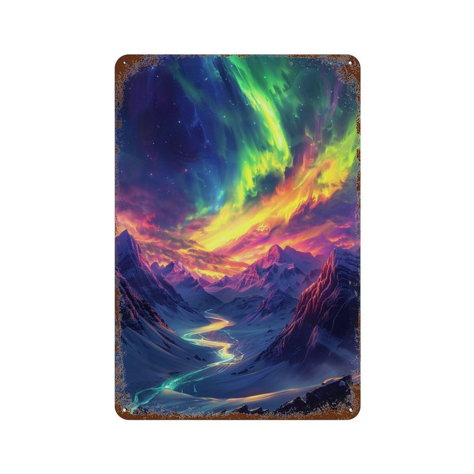 Decorative Tin Sign with Colorful Aurora Mountain Landscape Design 11.8"x7.9", for Basement, Hobby Room And Garage Decor, Farmhouse Wall Decor