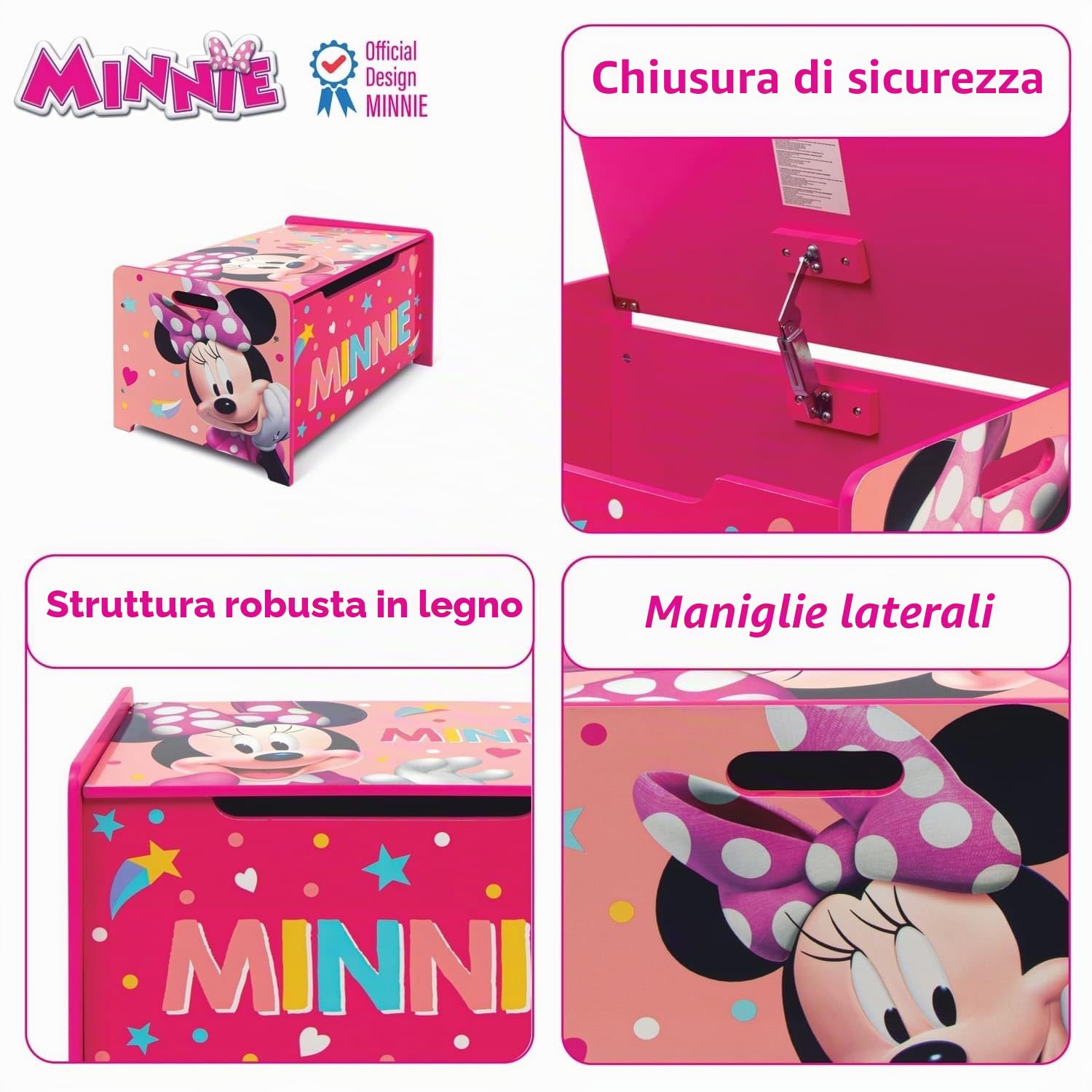 ARDITEX - Cassapanca in legno di Minnie Mouse (di Disney) - 62,5x40x37cm - Colore rosa e bianco - Ideale per riporre giocattoli, vestiti o oggetti in una cameretta per bambini