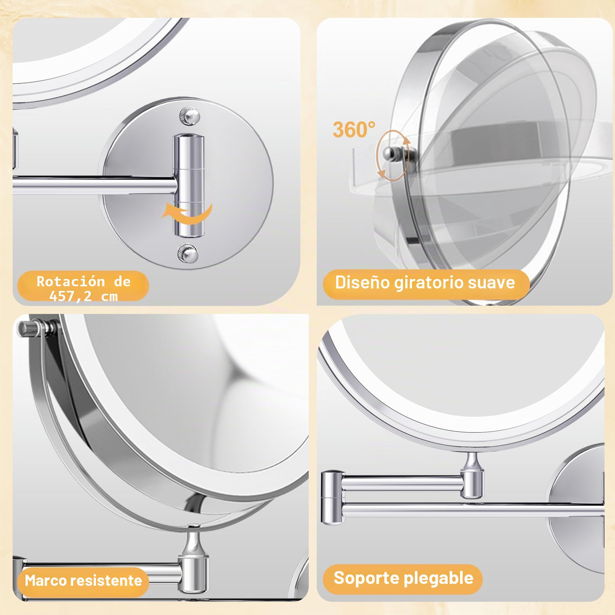 Espejo de tocador grande recargable iluminado de 9 pulgadas montado en la pared, espejo de aumento 1X/10X con luz para baño, espejo cromado montado en la pared con brazo oscilante con 3 luces de color