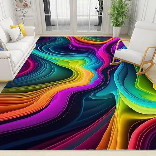 Alfombra retro abstracta colorida ondulada de 3 x 5 pies, alfombra de área de lana sintética psicodélica, multicolor, alfombra antideslizante para disponible en Yaxa Colombia